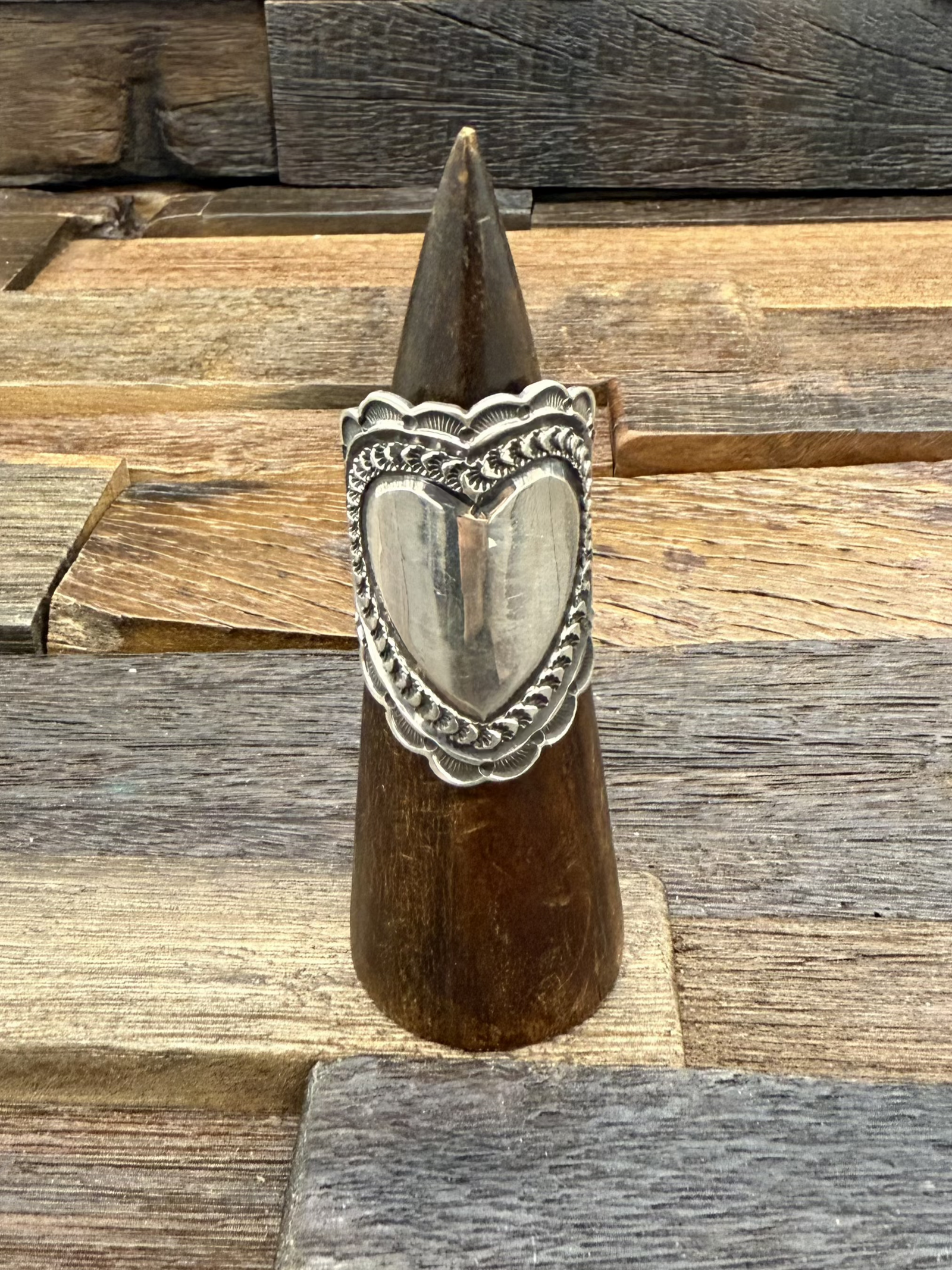 Long Stamped Heart Ring by Sunshine Reeves, Size 12 1/2