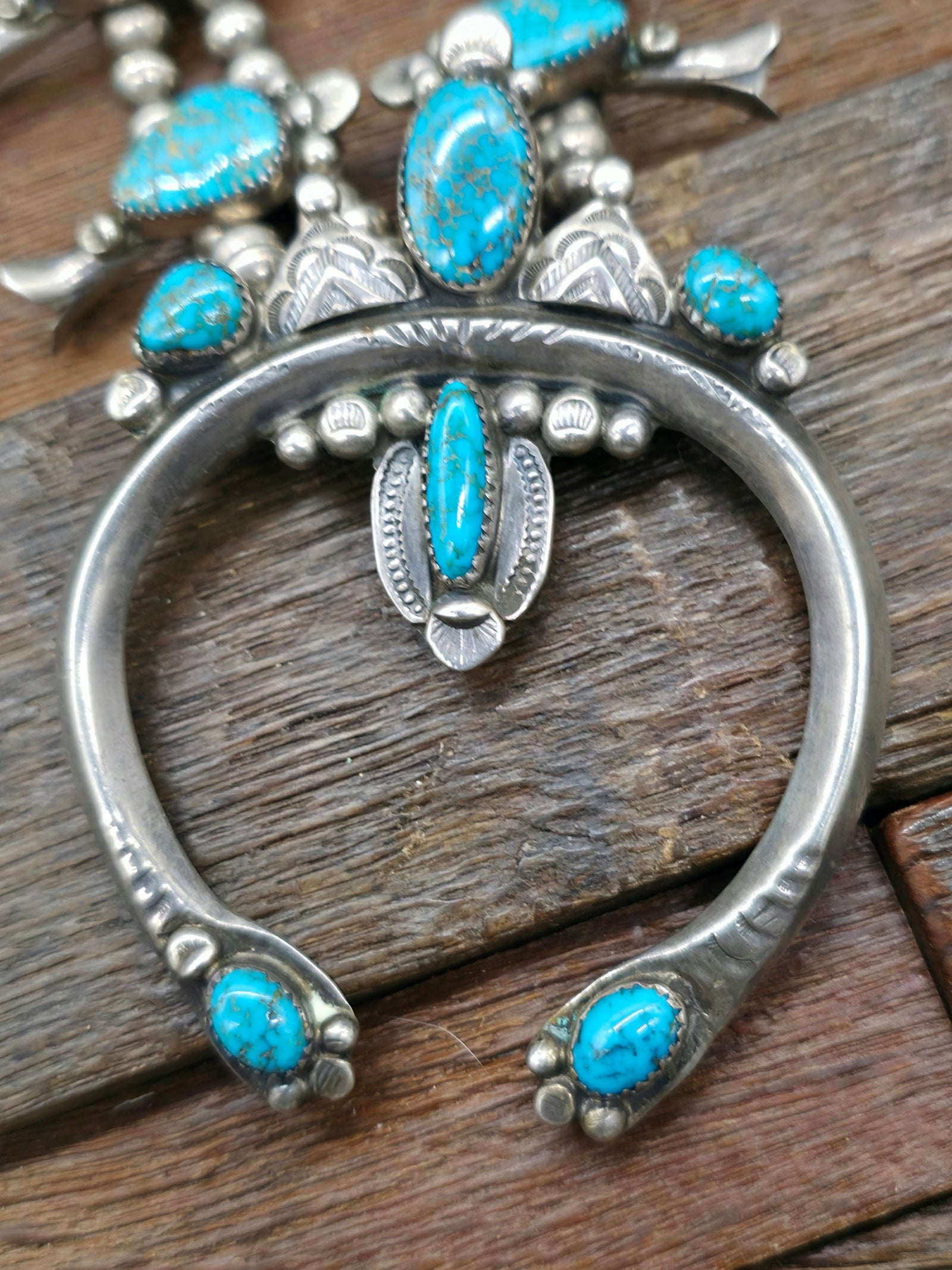 Vintage/Estate Sterling Silver High Grade Turquoise Mountain Squash Blossom Necklace - 22 in.