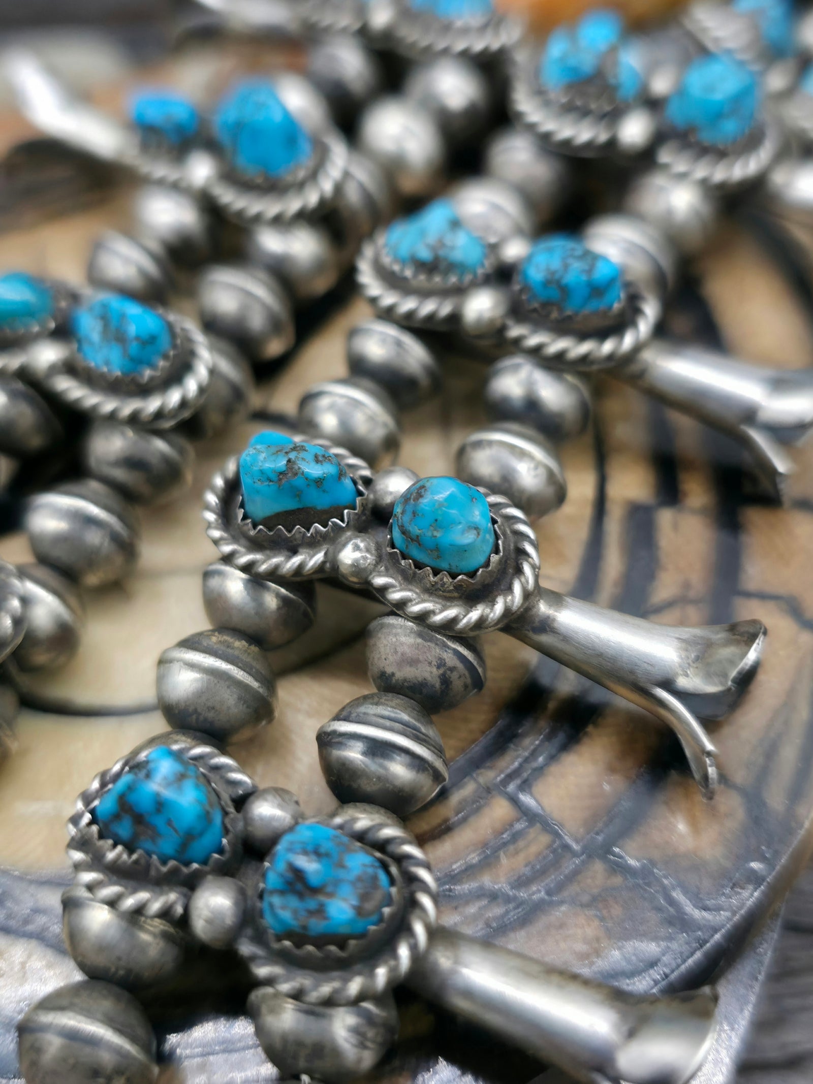 Vintage/Estate Sterling Silver Natural Kingman Turquoise Squash Blossom Necklace - 26 in.