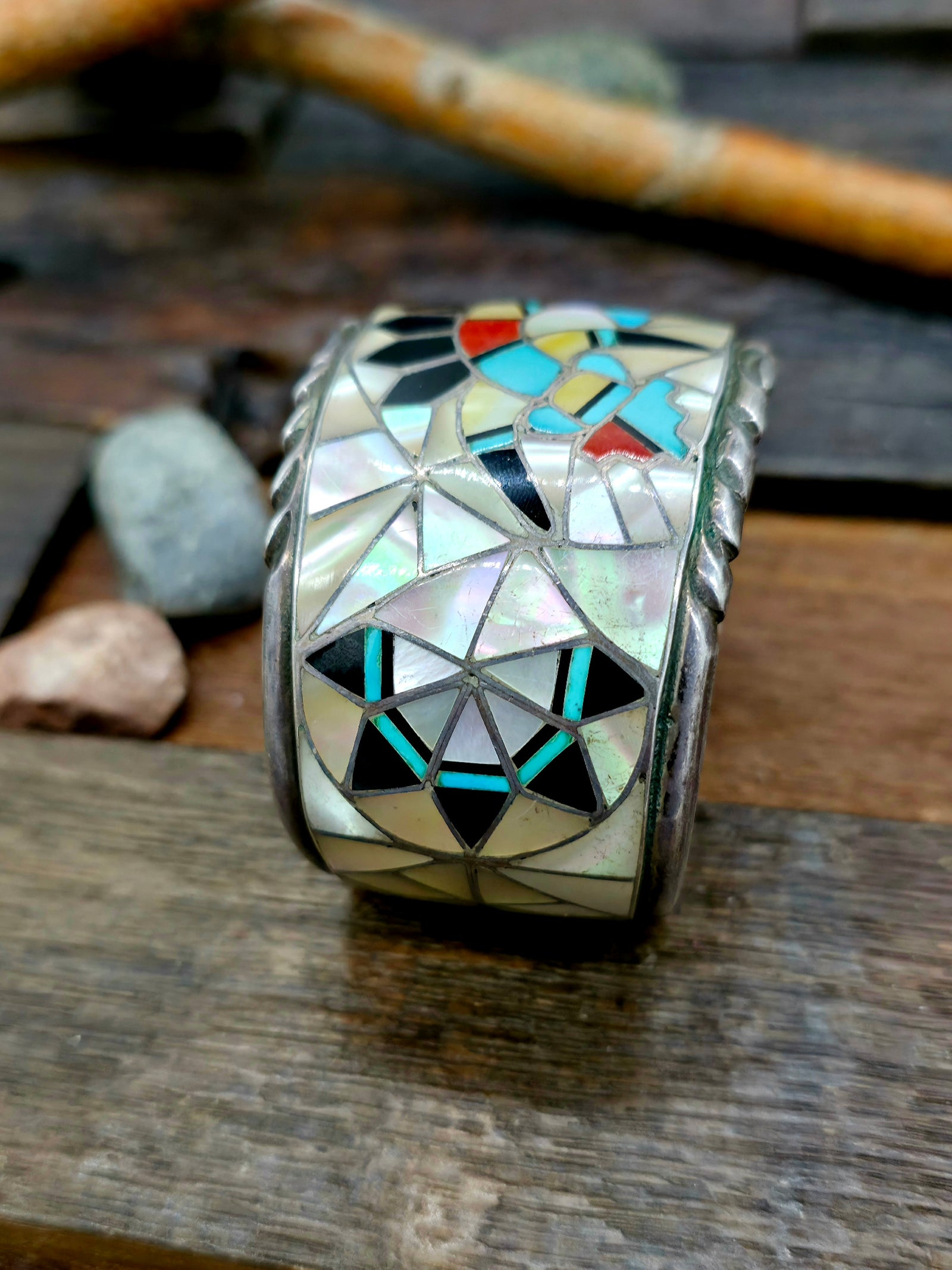 Vintage/Estate Mother of Pearl Inlay Rainbow Man Cuff - 7 in.