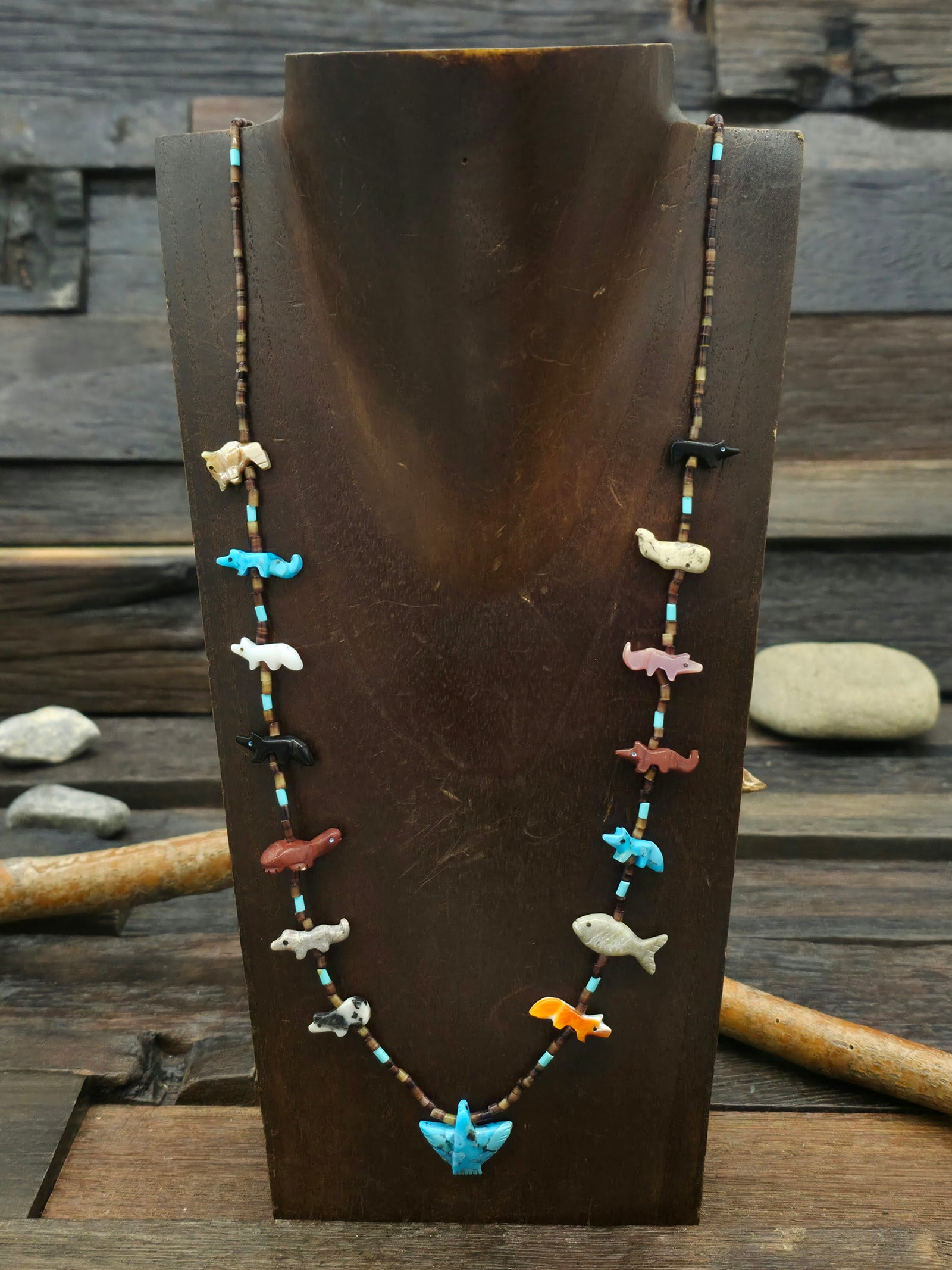 Mini Multi-Animal Zuni Fetish Necklace with Central Turquoise Bird by Hector Goodluck - 26 in.