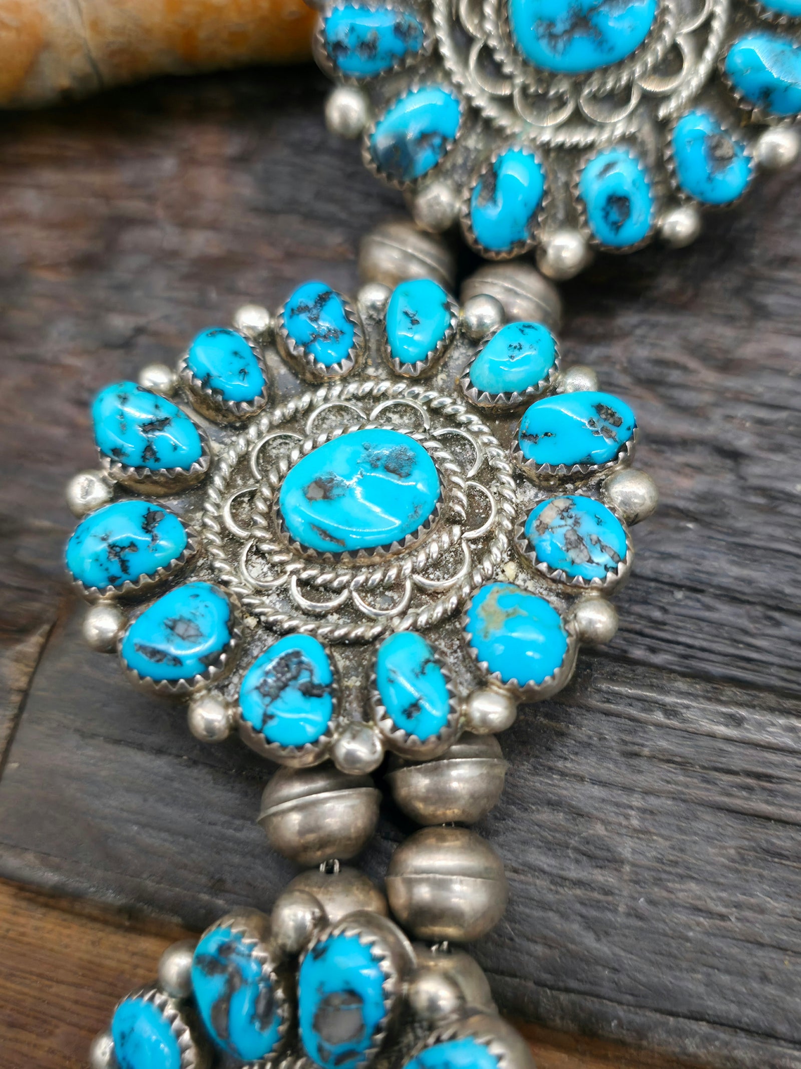 Vintage/Estate Sterling Silver Kingman Turquoise Squash Blossom Necklace by R. Bahe - 28 in.