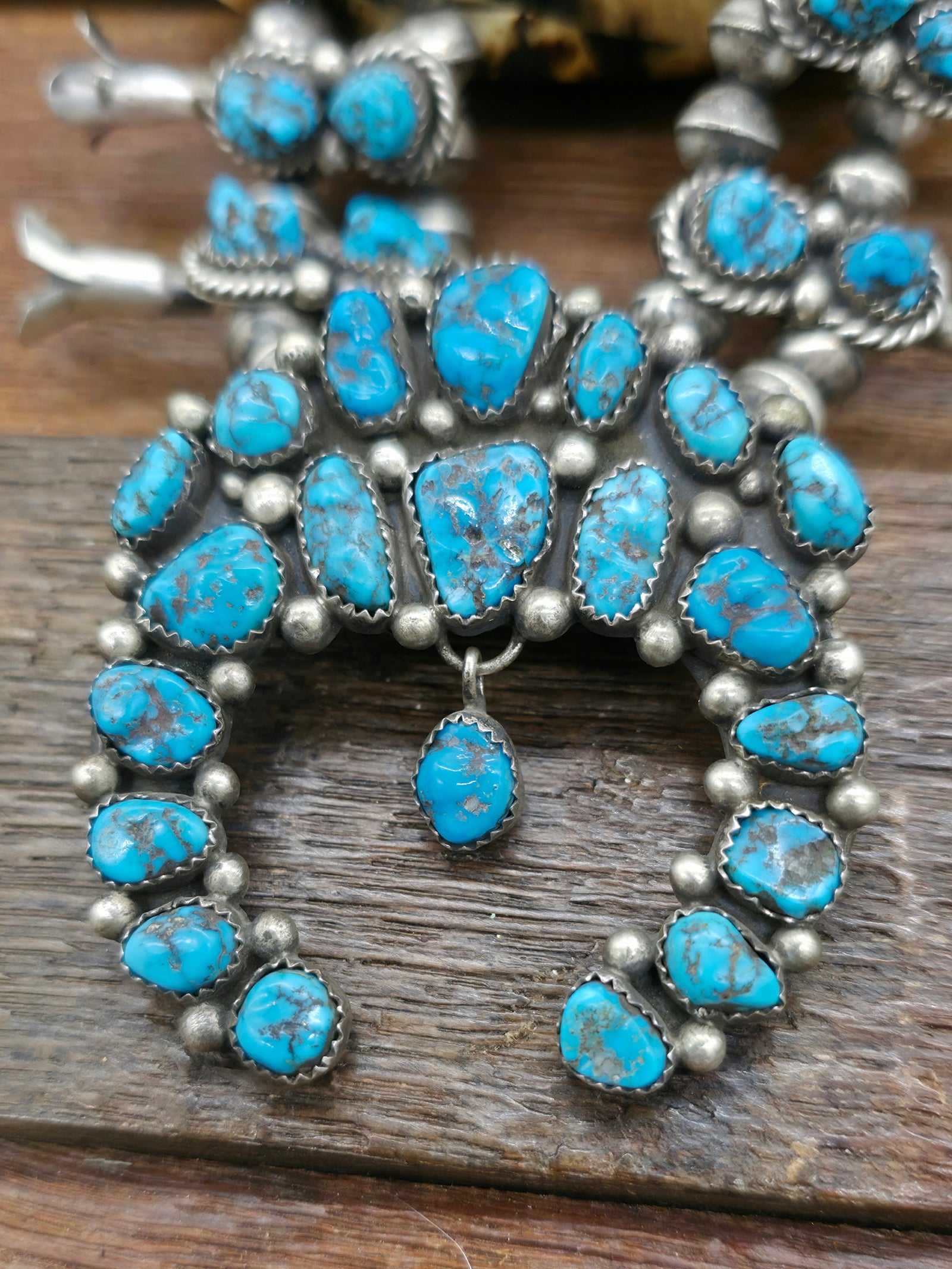 Vintage/Estate Sterling Silver Natural Kingman Turquoise Squash Blossom Necklace - 26 in.