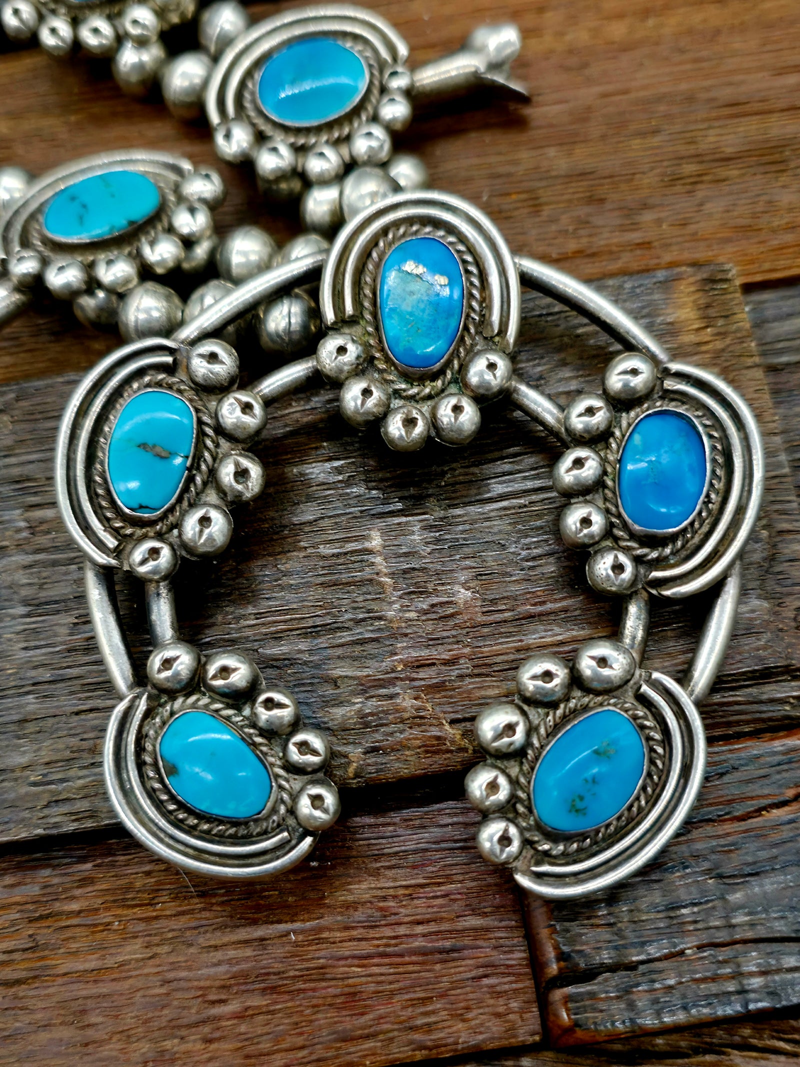 Vintage/Estate Sterling Silver Kingman Turquoise Squash Blossom Necklace - 28 in.