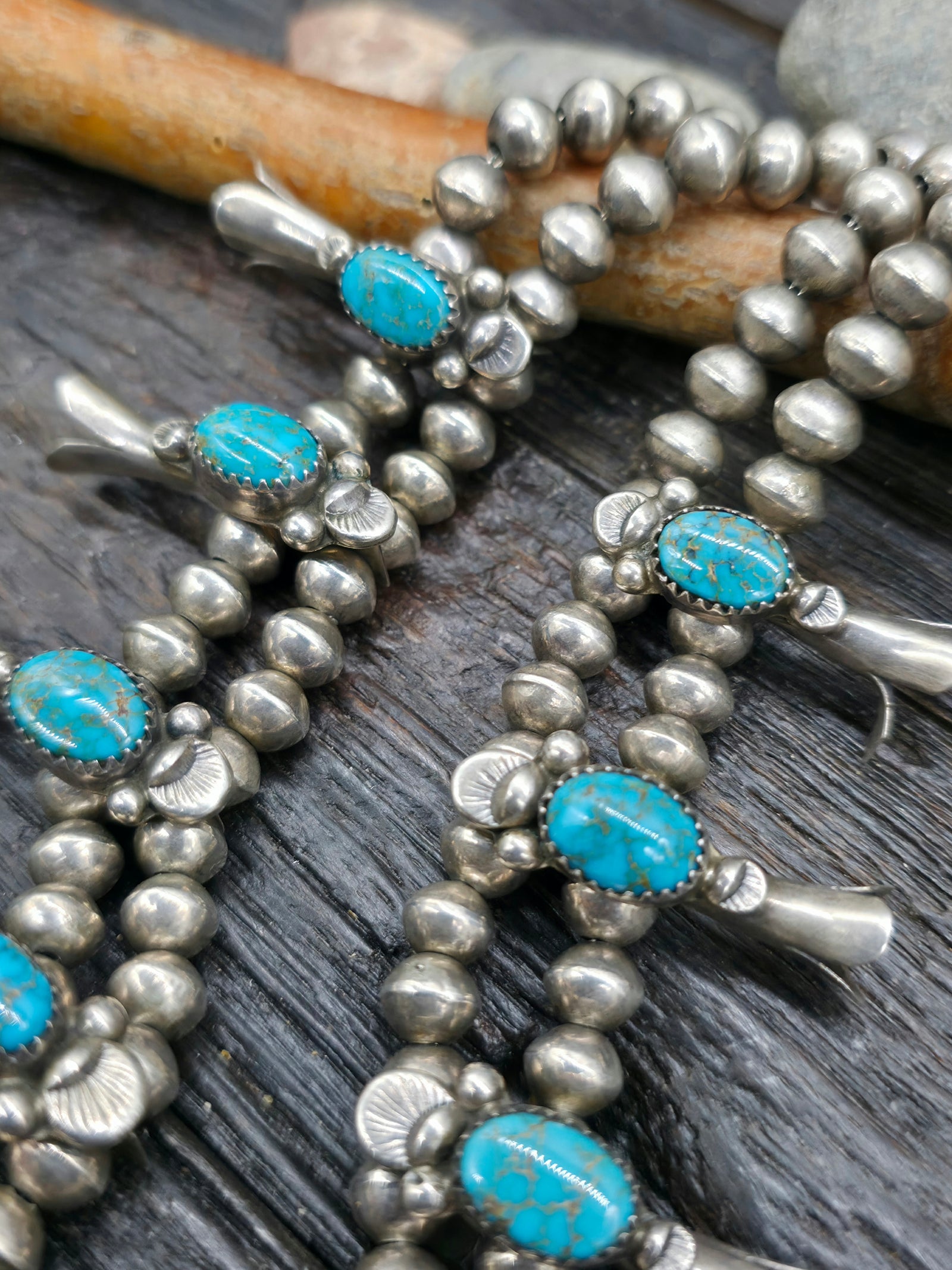 Vintage/Estate Sterling Silver High Grade Turquoise Mountain Squash Blossom Necklace - 22 in.