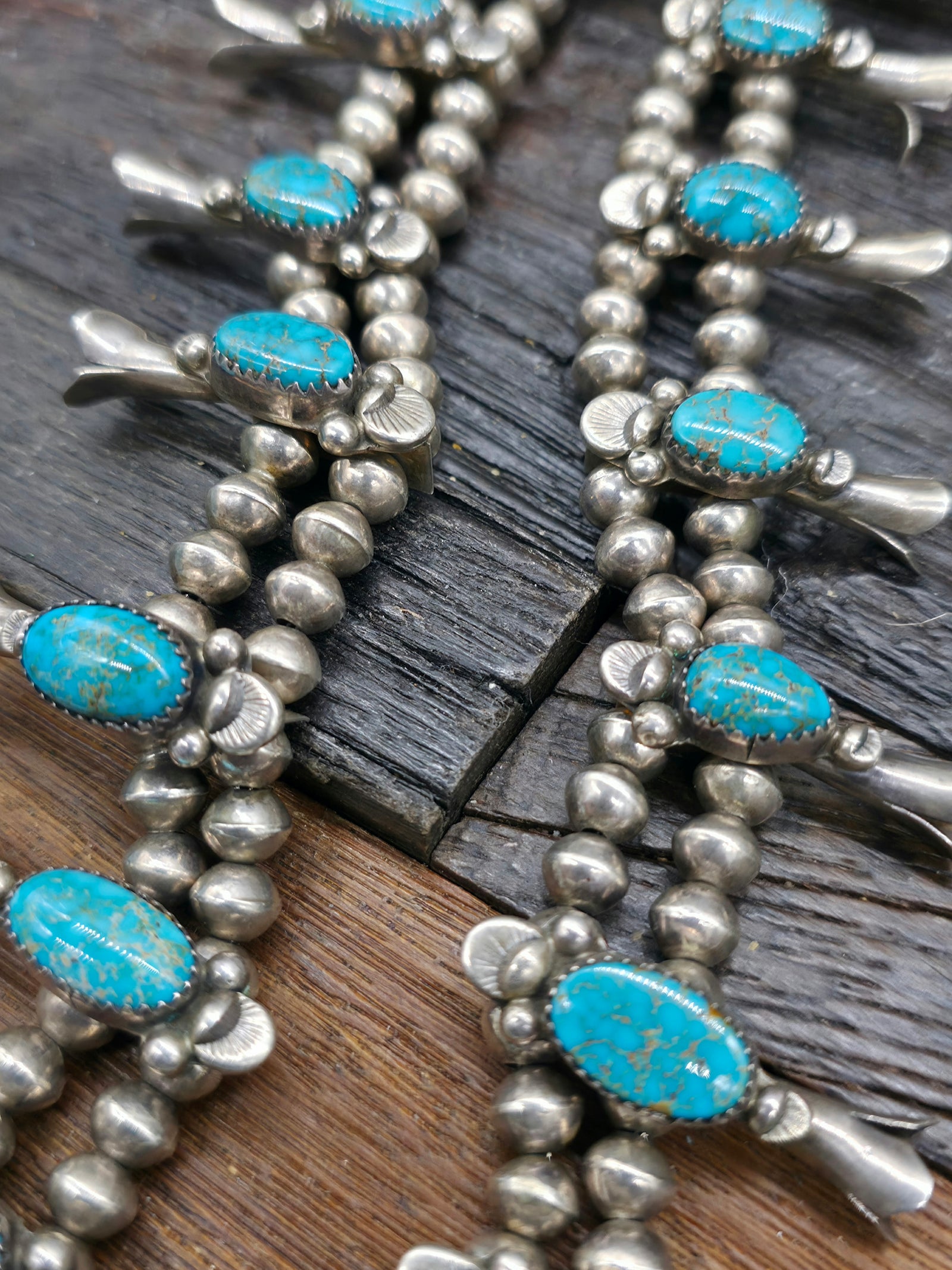 Vintage/Estate Sterling Silver High Grade Turquoise Mountain Squash Blossom Necklace - 22 in.