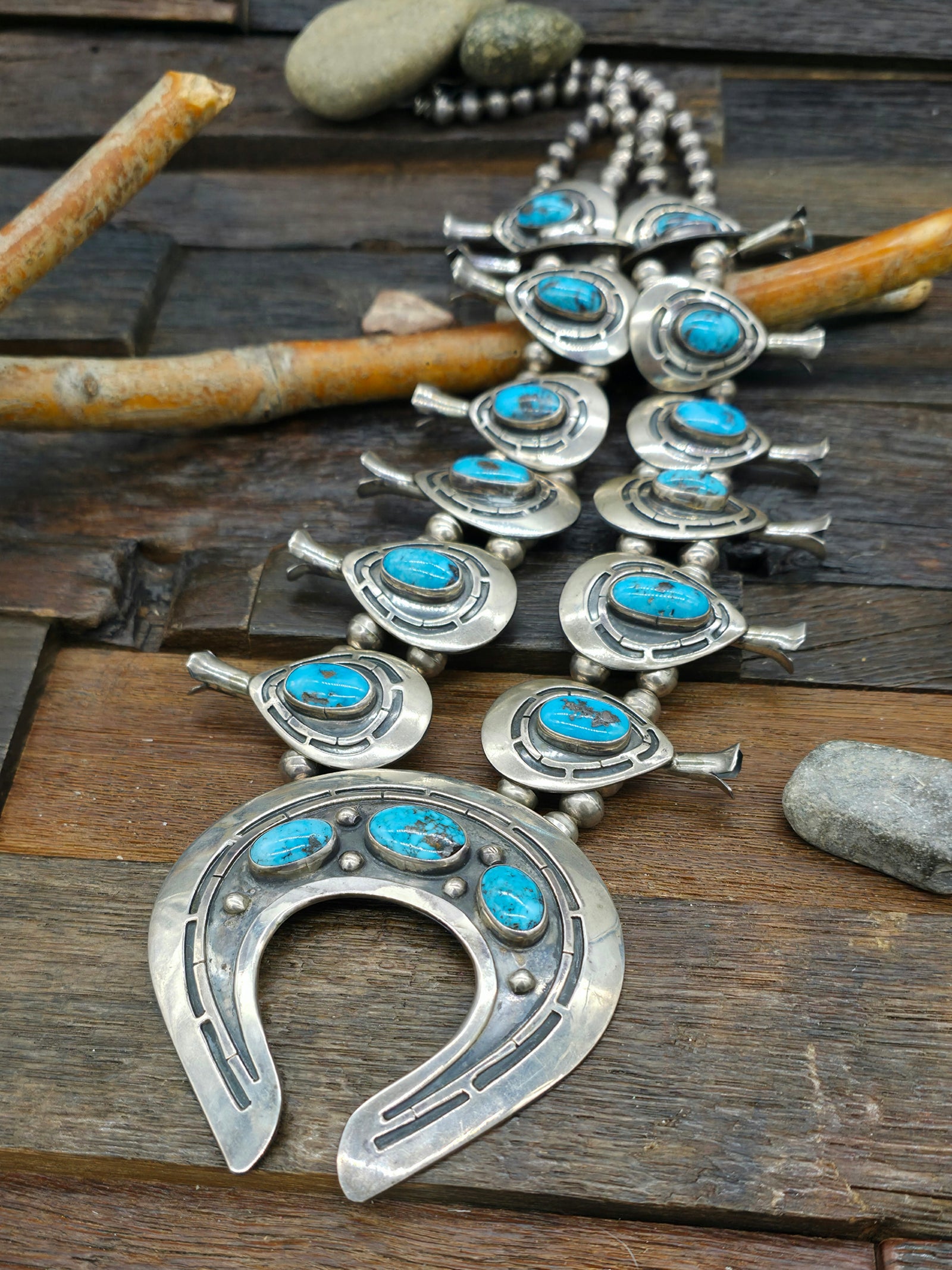 Vintage/Estate Sterling Silver Persian Turquoise Squash Blossom Necklace - 28 in.