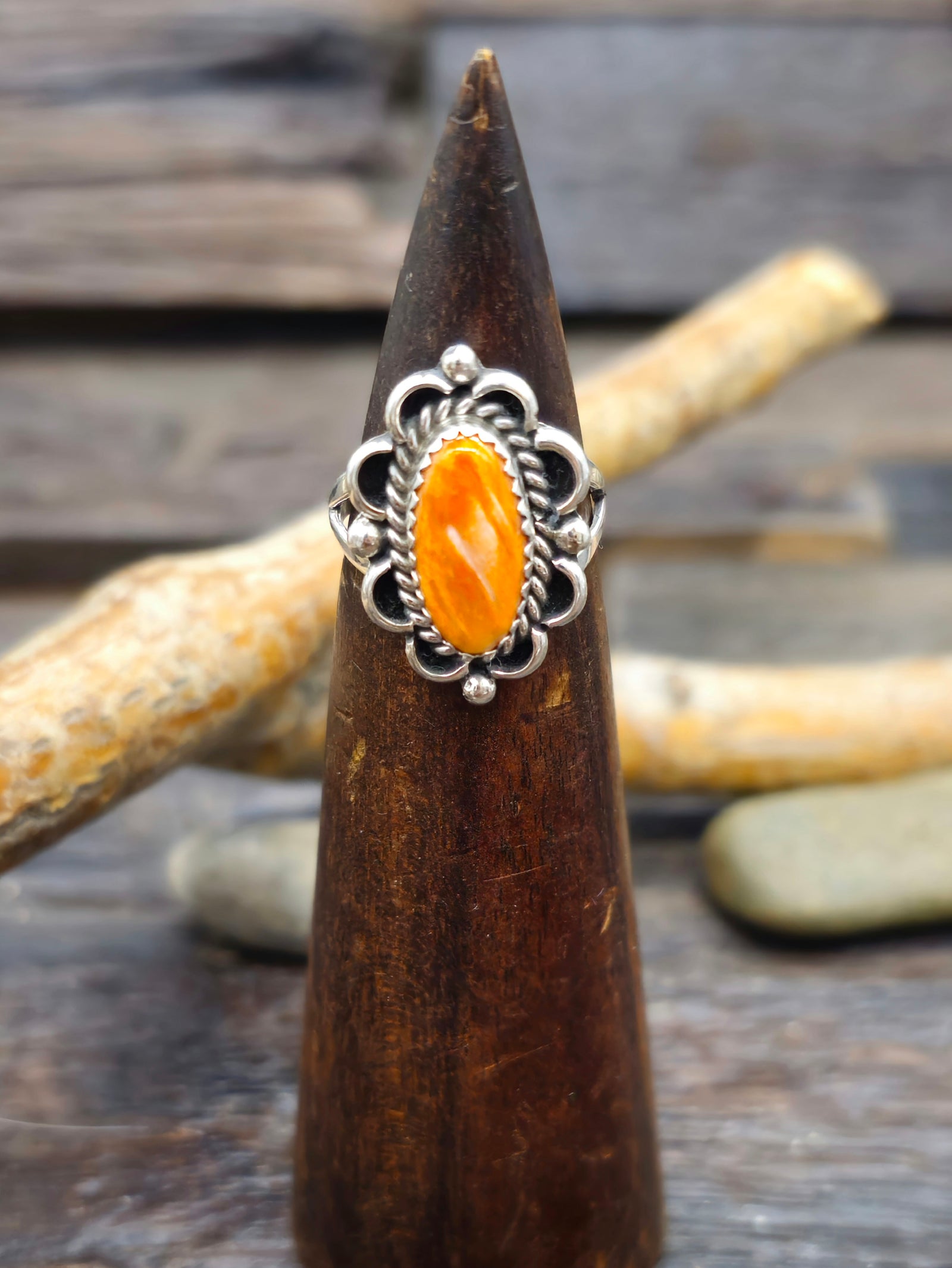 Sterling Silver and Orange Spiny Oyster Ring by Priscilla Smith- Size 6 1/2
