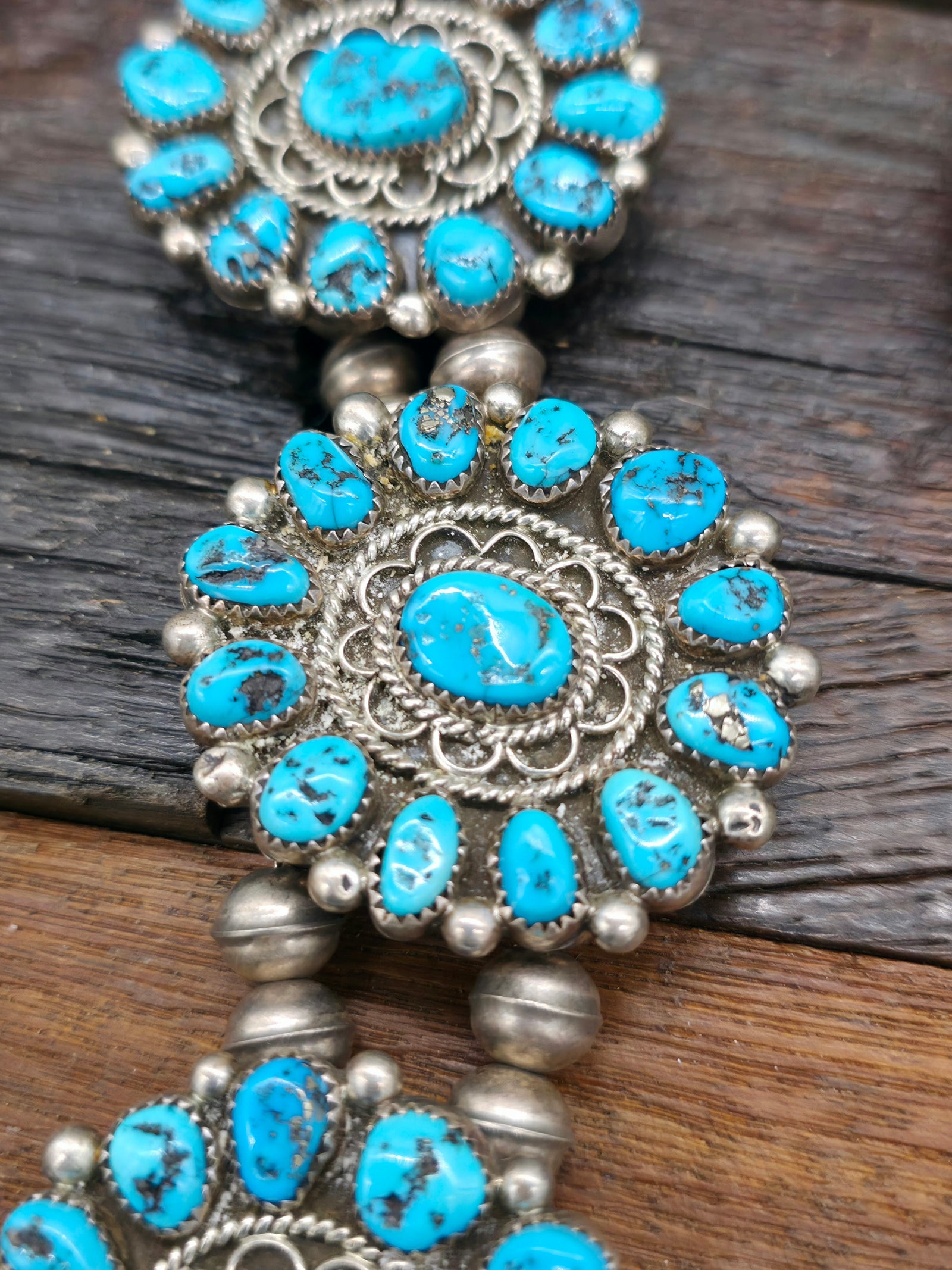 Vintage/Estate Sterling Silver Kingman Turquoise Squash Blossom Necklace by R. Bahe - 28 in.