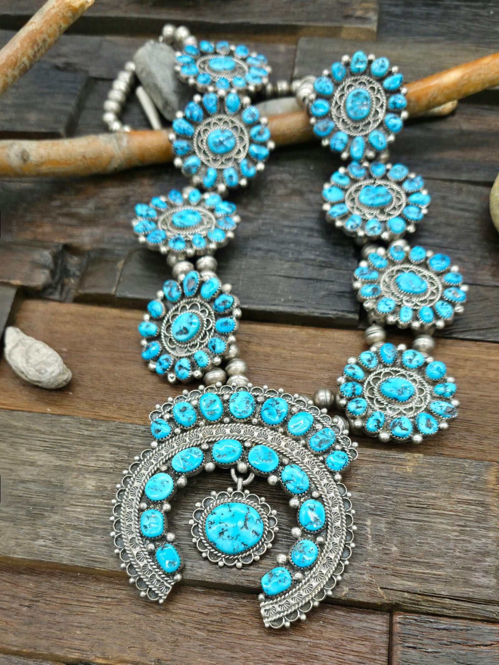 Vintage/Estate Sterling Silver Kingman Turquoise Squash Blossom Necklace by R. Bahe - 28 in.