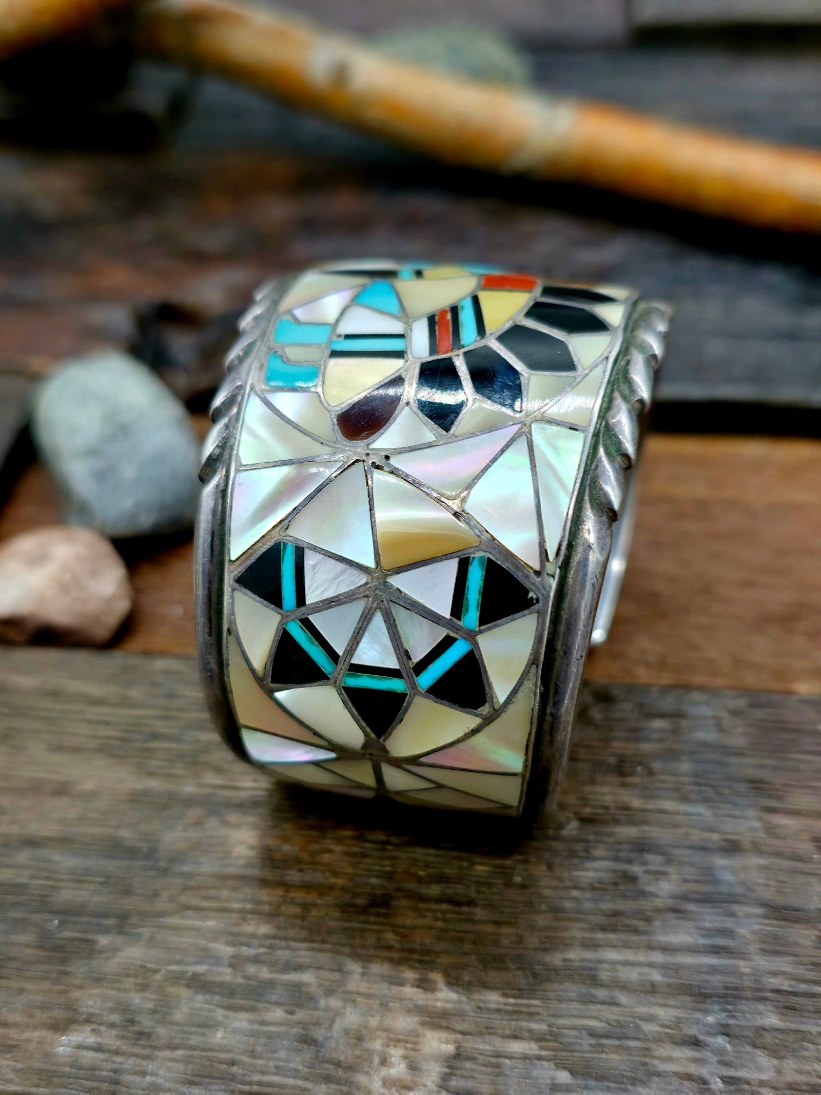 Vintage/Estate Mother of Pearl Inlay Rainbow Man Cuff - 7 in.