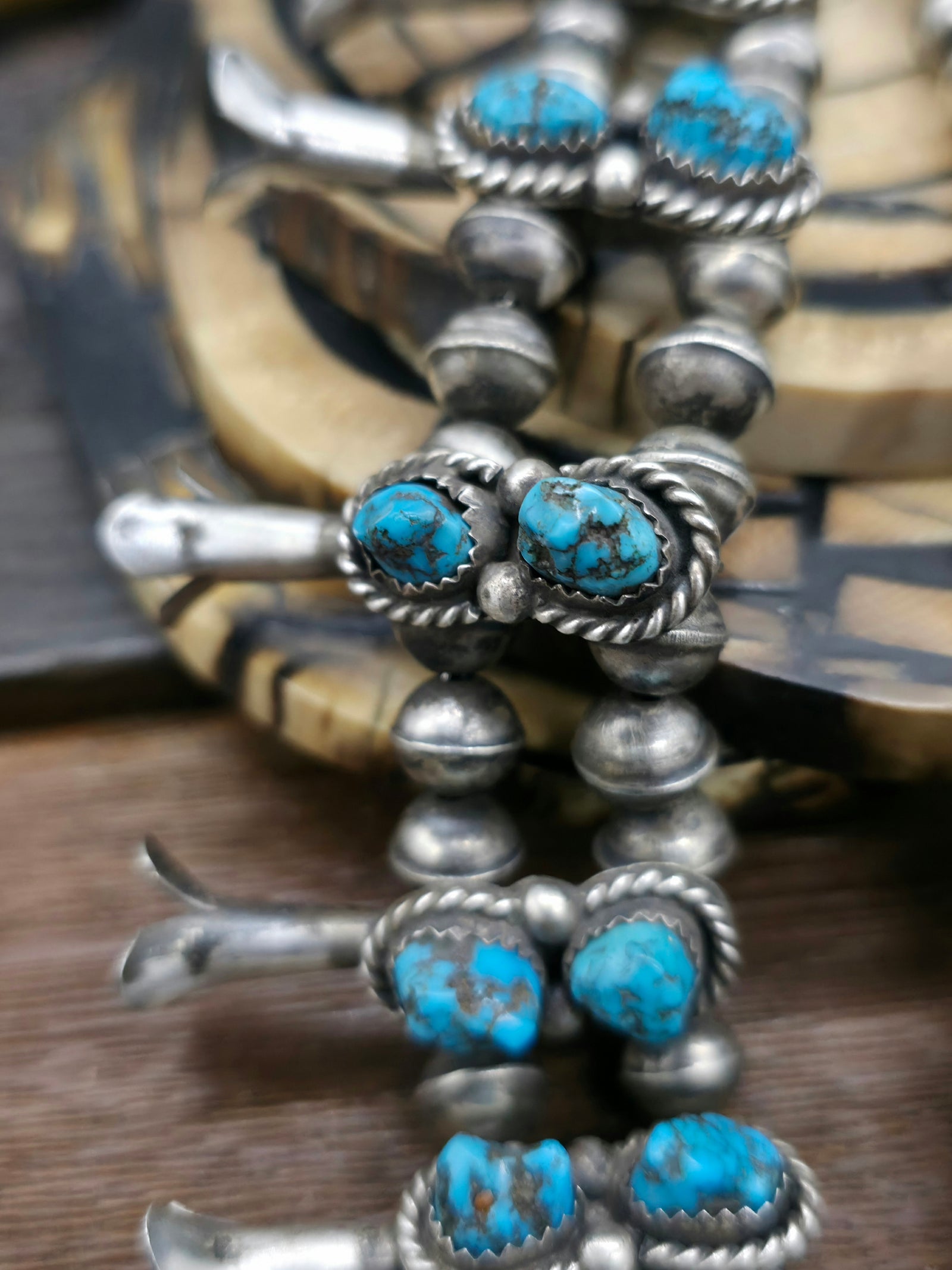 Vintage/Estate Sterling Silver Natural Kingman Turquoise Squash Blossom Necklace - 26 in.