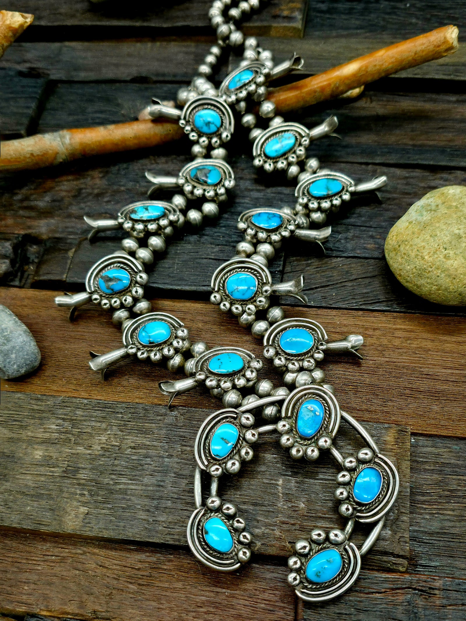 Vintage/Estate Sterling Silver Kingman Turquoise Squash Blossom Necklace - 28 in.