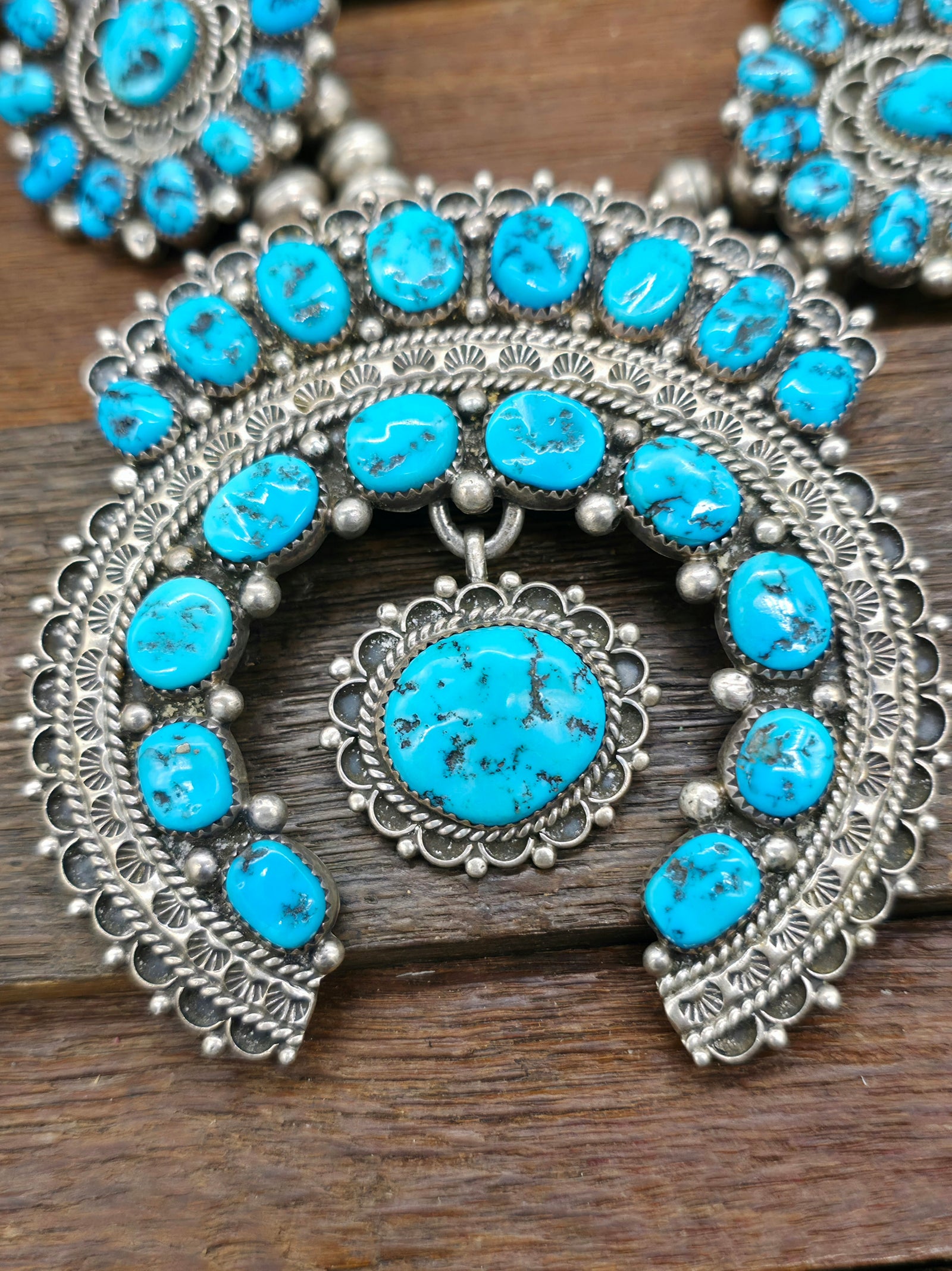 Vintage/Estate Sterling Silver Kingman Turquoise Squash Blossom Necklace by R. Bahe - 28 in.