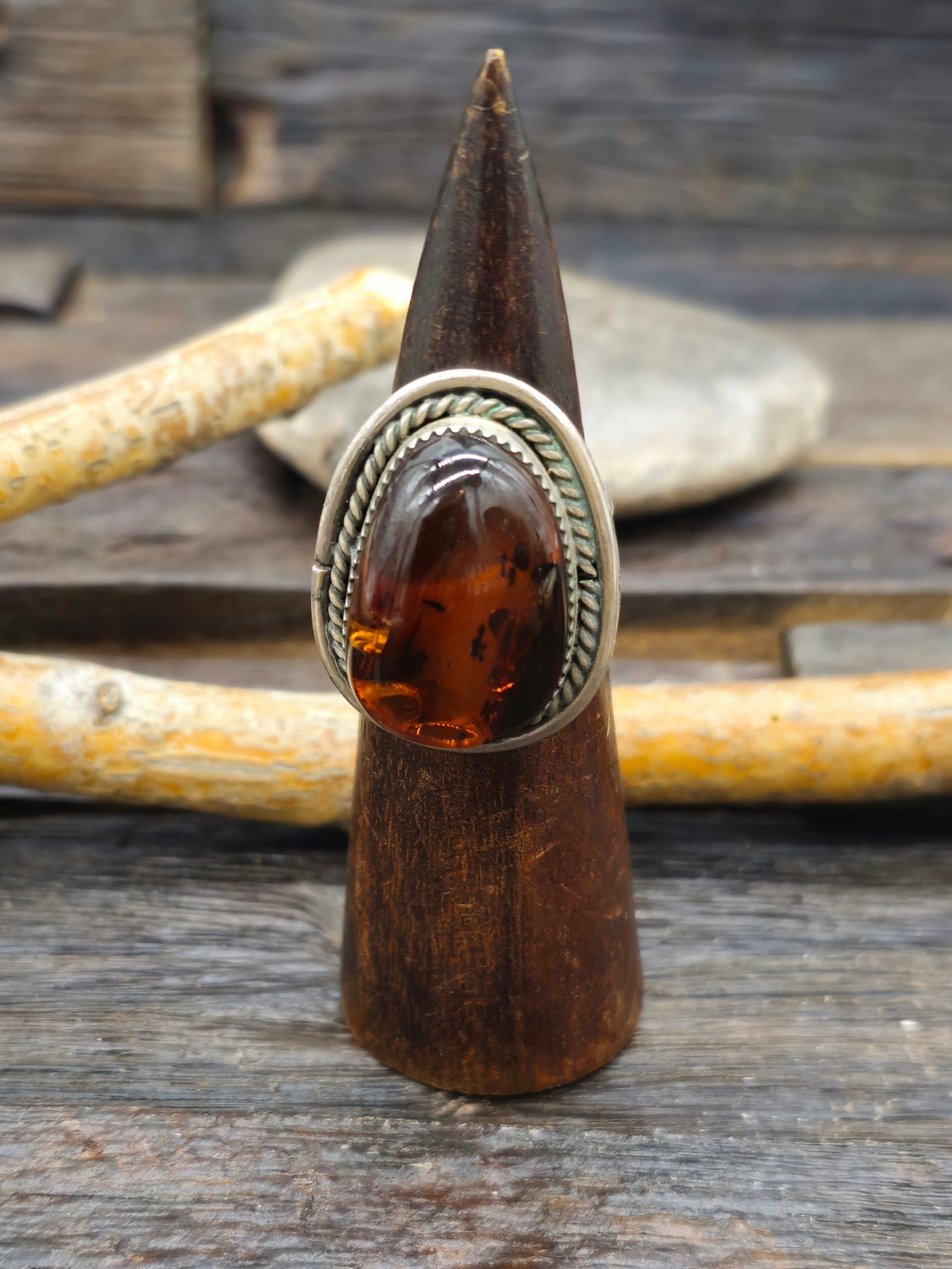 Sterling Silver Amber Statement Ring by Tommy Lee Size 11 1/2