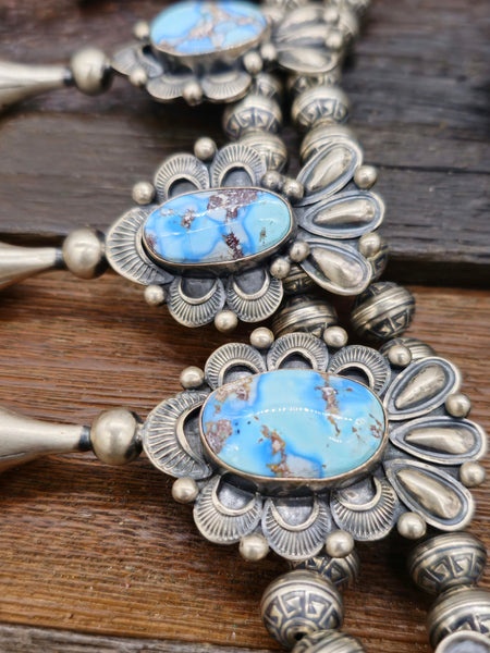 Golden Hill Turquoise Silver Squash Blossom Necklace by Mark