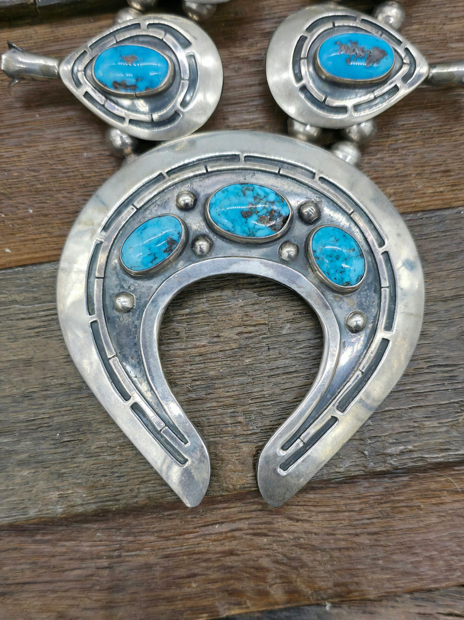 Vintage/Estate Sterling Silver Persian Turquoise Squash Blossom Necklace - 28 in.