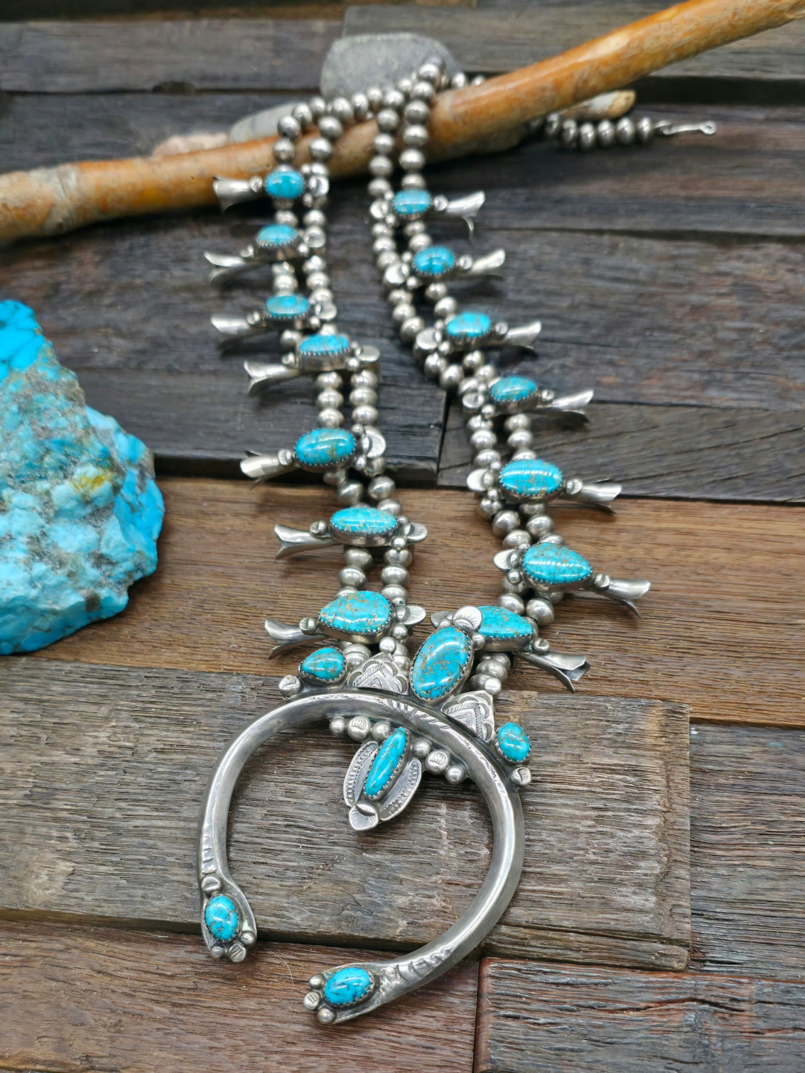 Vintage/Estate Sterling Silver High Grade Turquoise Mountain Squash Blossom Necklace - 22 in.