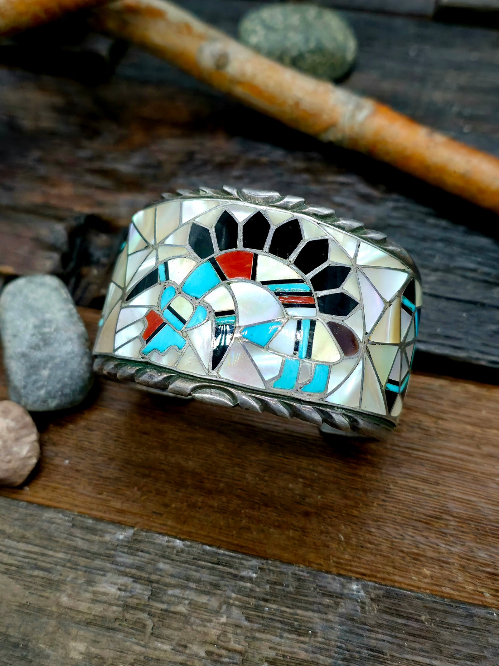 Vintage/Estate Mother of Pearl Inlay Rainbow Man Cuff - 7 in.