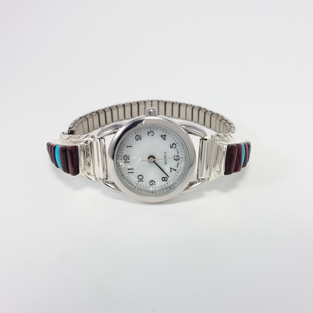 Navajo spiny oyster and turquoise sterling silver watch band.
