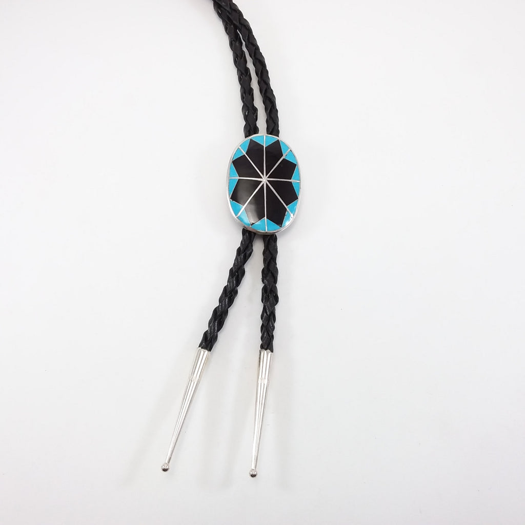 Zuni turquoise and jet inlay bolo tie.