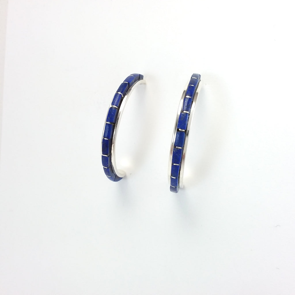 Zuni lapis sterling silver inlay hoop earrings.
