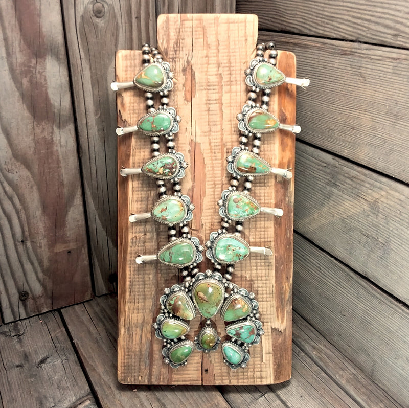 Thomas Francisco green turquoise sterling silver squash blossom necklace.