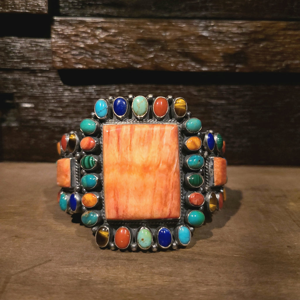 Multi Stone & Sterling Silver Cluster Cuff Bracelet | Artist Anthony Skeets | Native American Indian