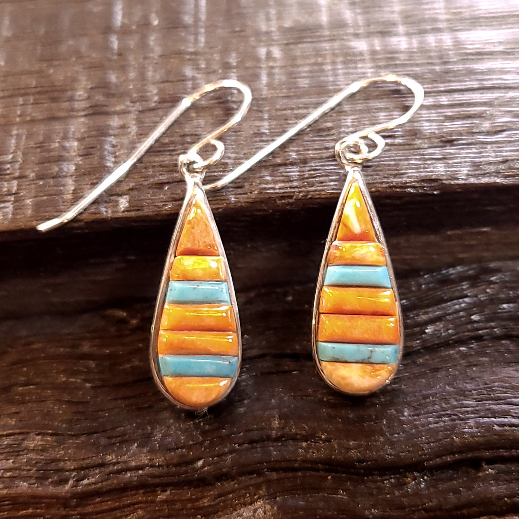 Inlay Spiny Oyster Shell | Turquoise | Sterling Silver - Navajo | Rick Tolino | Native American Indian - Earrings
