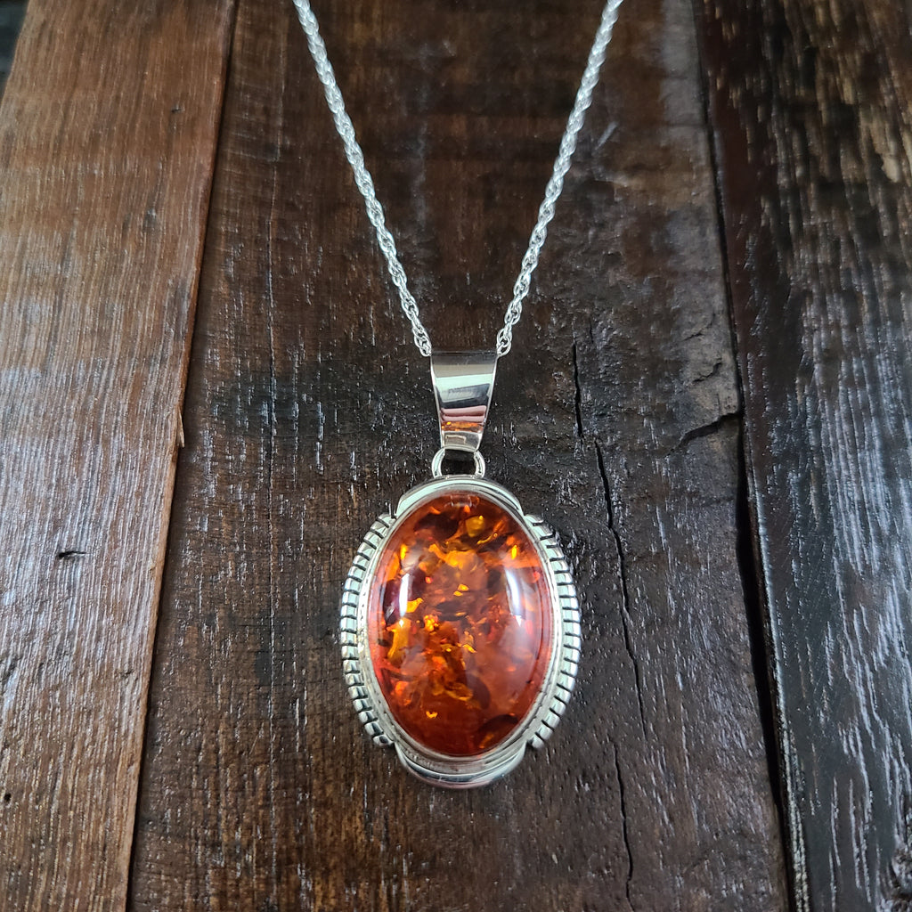Amber | Sterling Silver | Pendant - Native American Indian | Navajo - Larry Yazzie