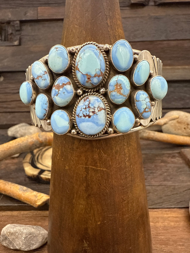 Golden Hill Turquoise Cluster Sterling Silver Bracelet by E. Vjylie 6 1/4inches.