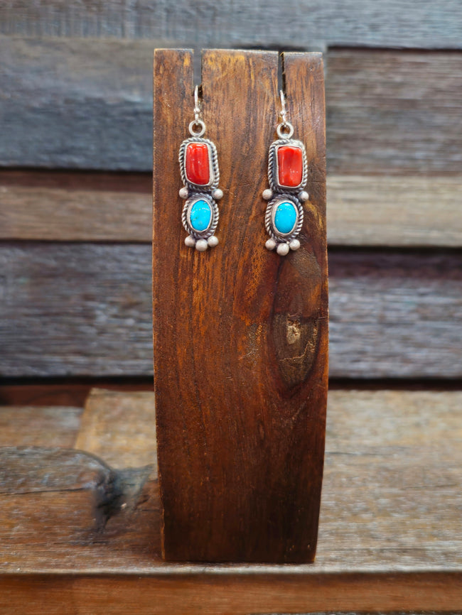 Turquoise and Coral Sterling Silver Earrings by LaRose and Archie Ganadanegro