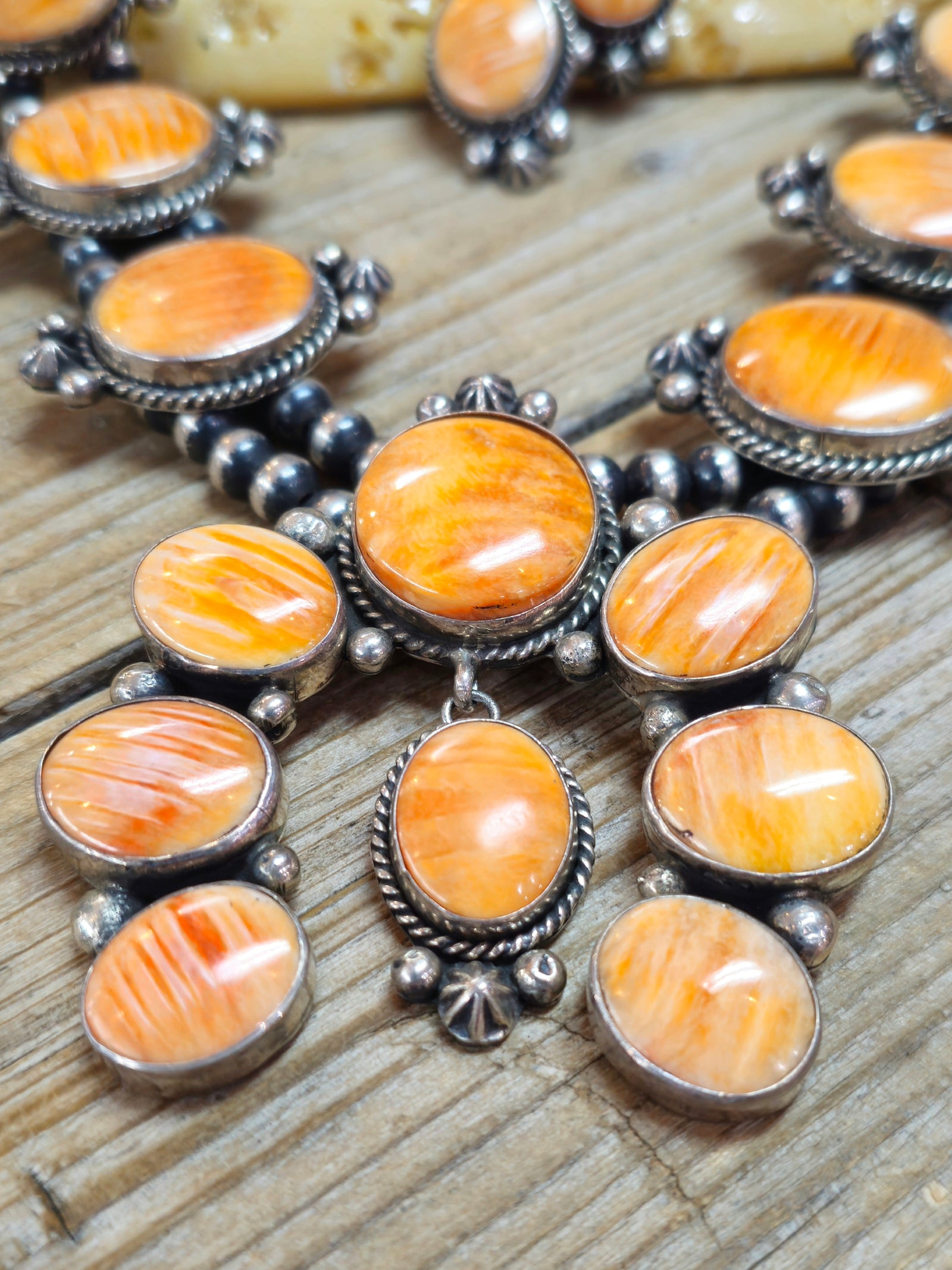 Linda Yazzie Spiny Oyster Squash Blossom Necklace and Earring Set