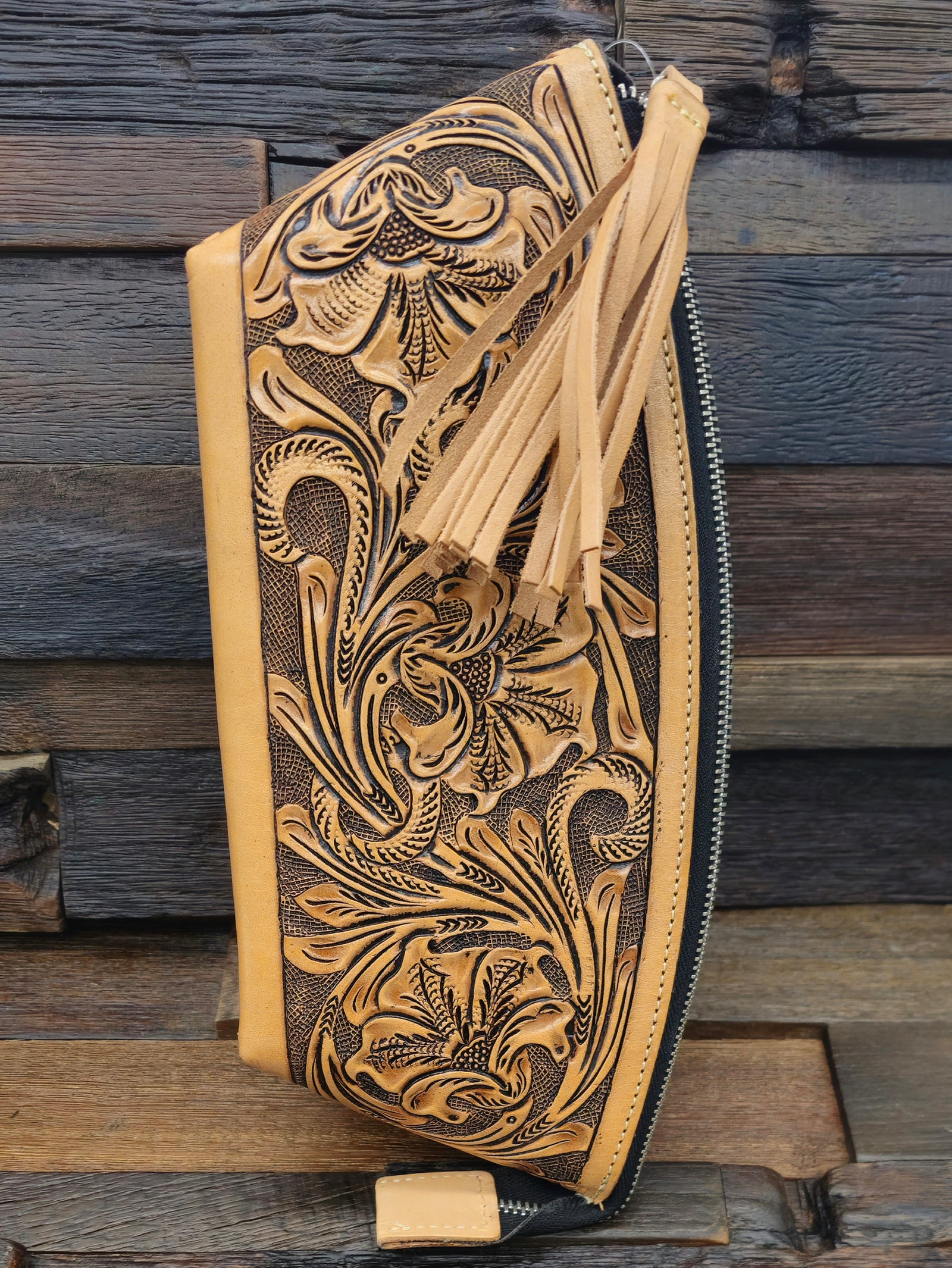 Que Chula Tooled Leather Makeup Bag Tan
