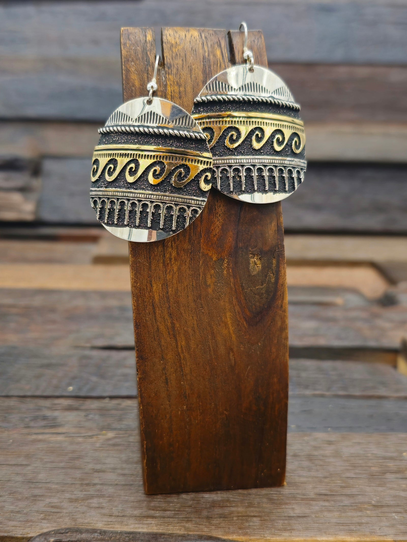 Large Sterling Silver and Brass Overlay Earrings by Richard Singer