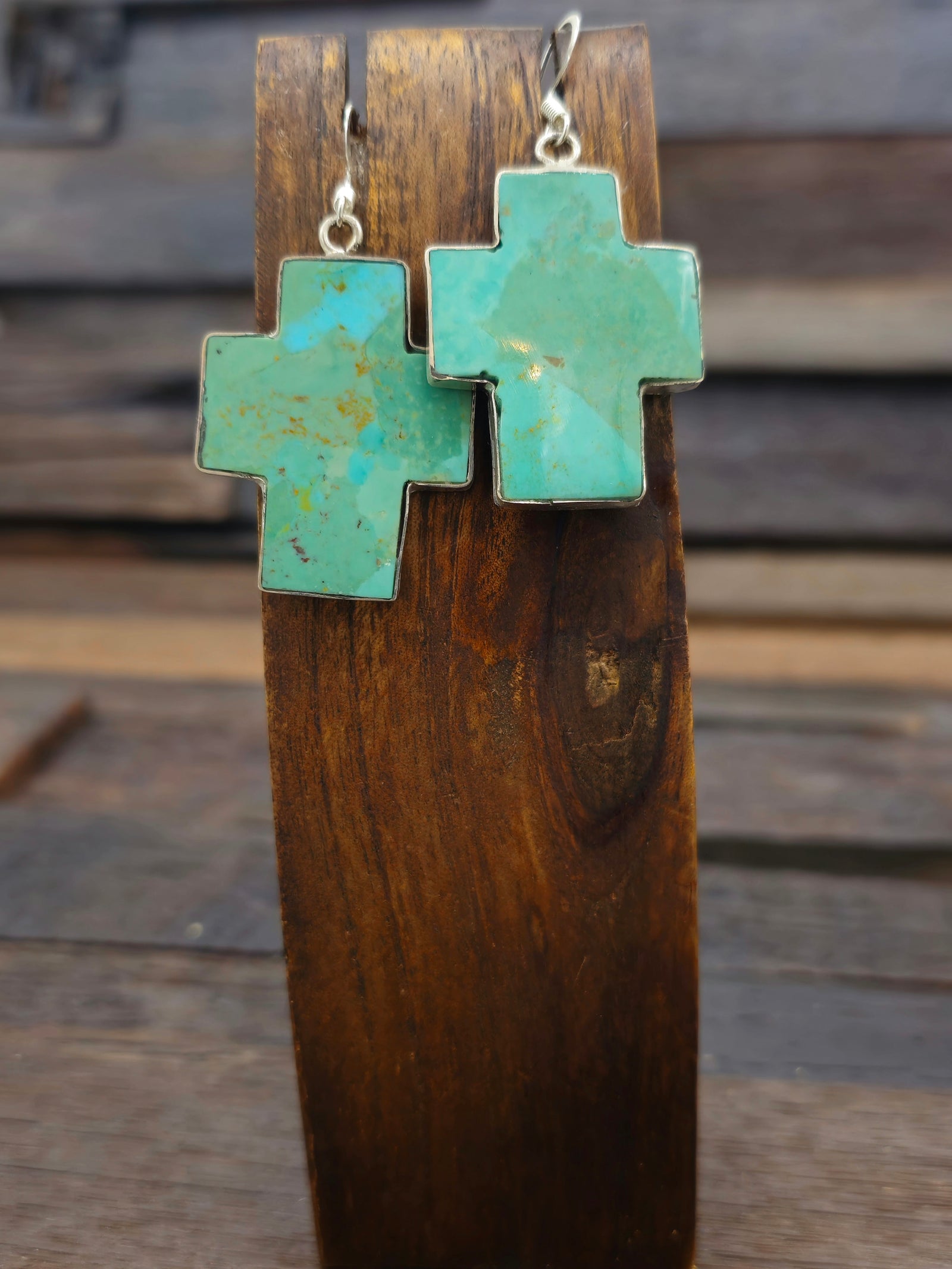 Cross Turquoise and Sterling Silver Slab Earrings by Veronica Tortalita