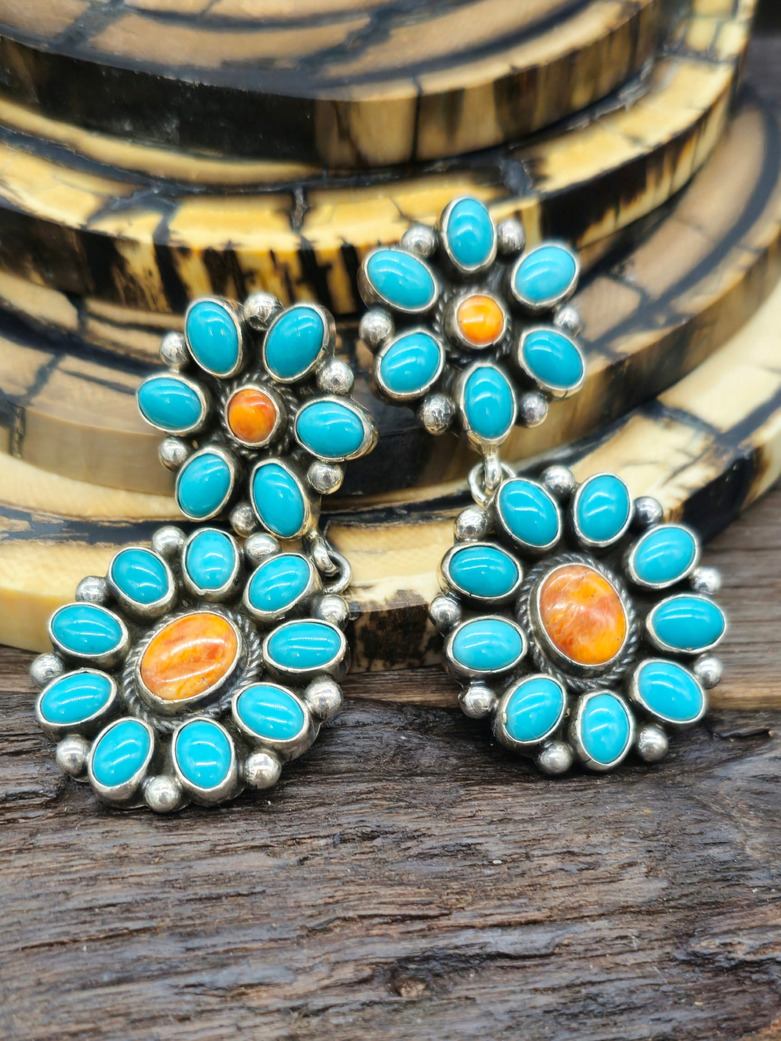 Turquoise and Spiny Oyster Cluster Earrings by Linda Yazzie