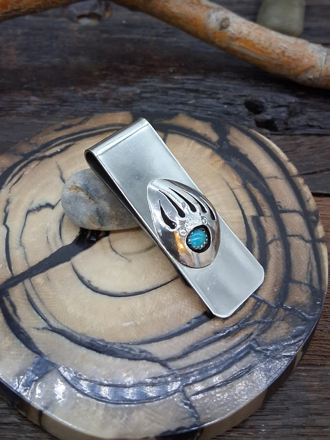 Sterling Silver Money Clip with Shadowbox Bear Paw by Ervin Begay 2" by 3/4"