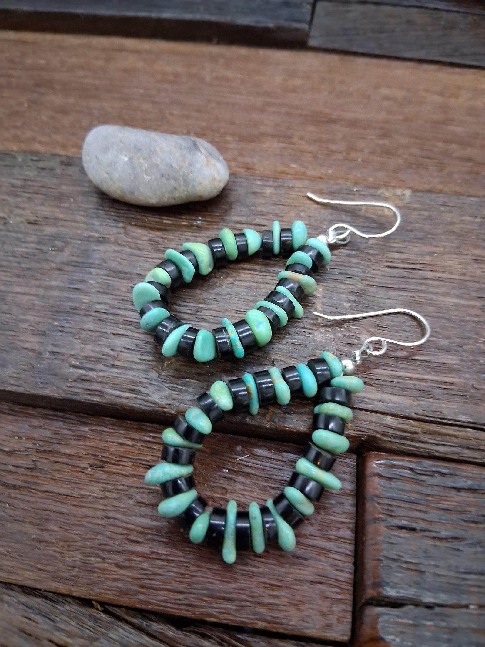 Green Turquoise and Jet Stone Bead Loop Earrings