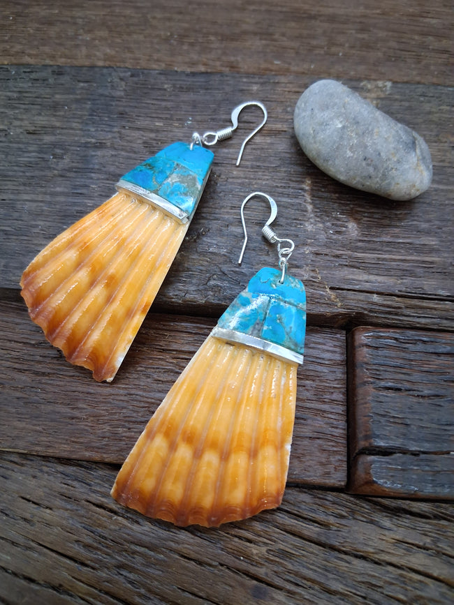 Orange Spiny and Turquoise Overlay Earrings by Veronica Tortalita