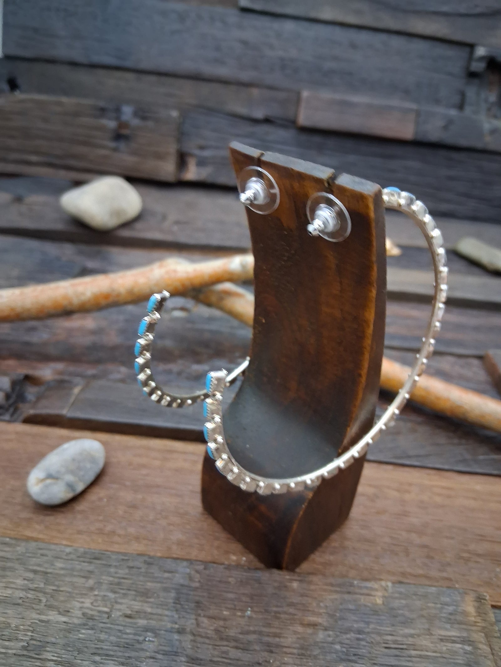 Oversize Sterling Silver Turquoise Hoop Earrings