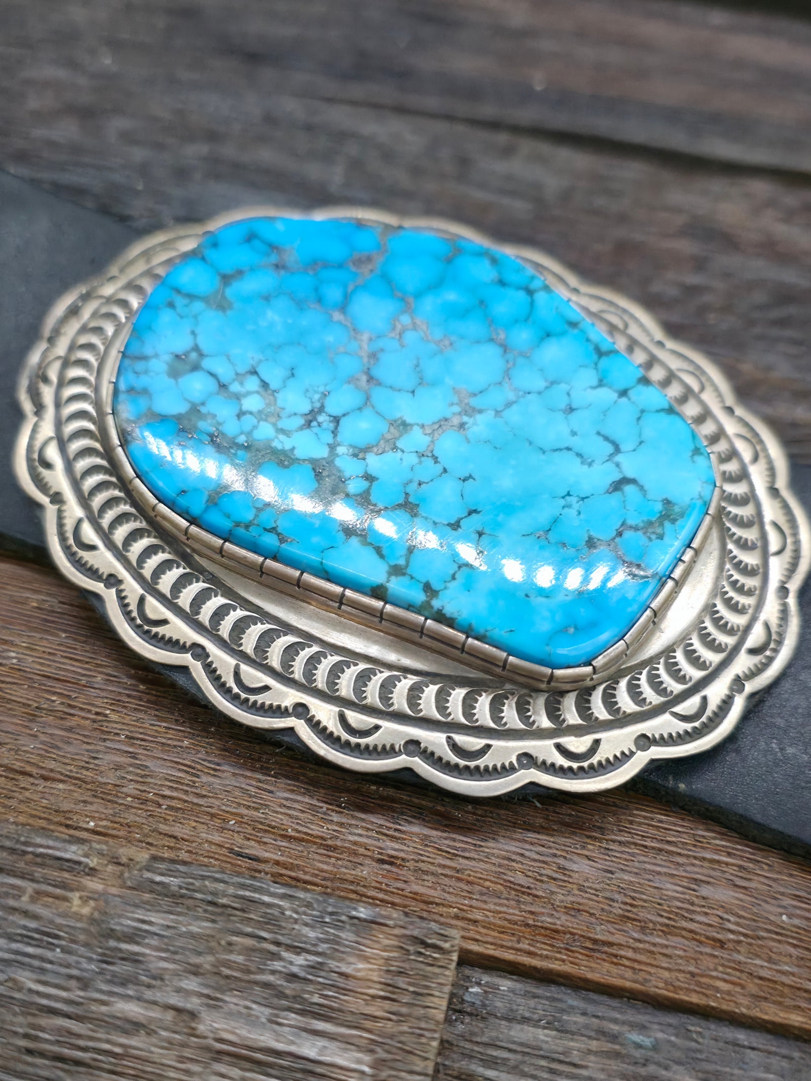 Stamped Sterling Silver Kingman Turquoise Concho Belt by Delbert Delgarito - 60 in.