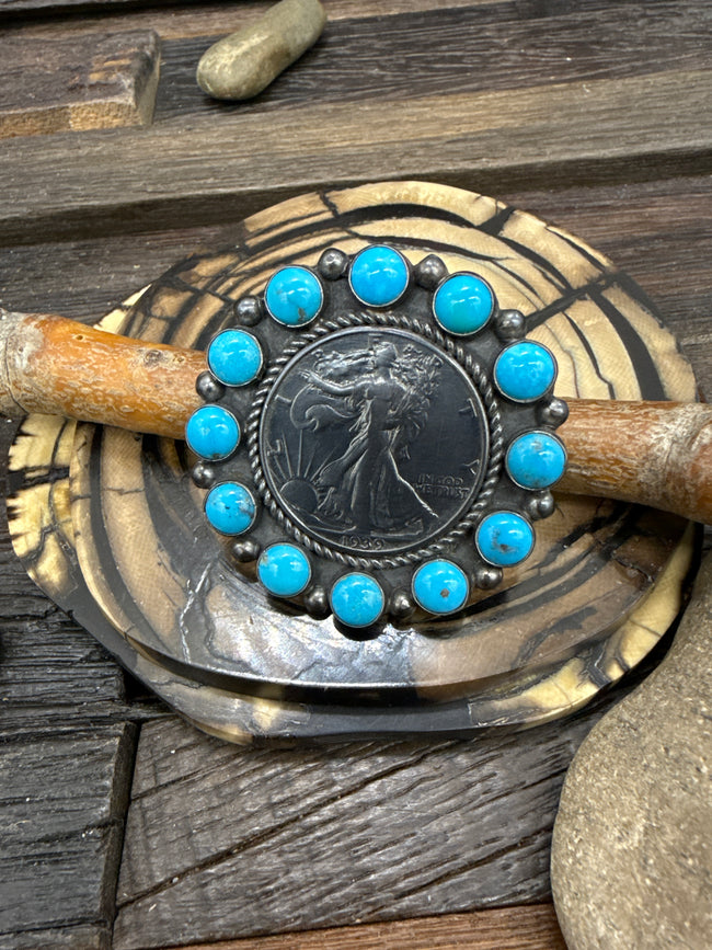 Kingman Turquoise Liberty Coin Silver Pin Hook Pendant by Lawrence Archuleta