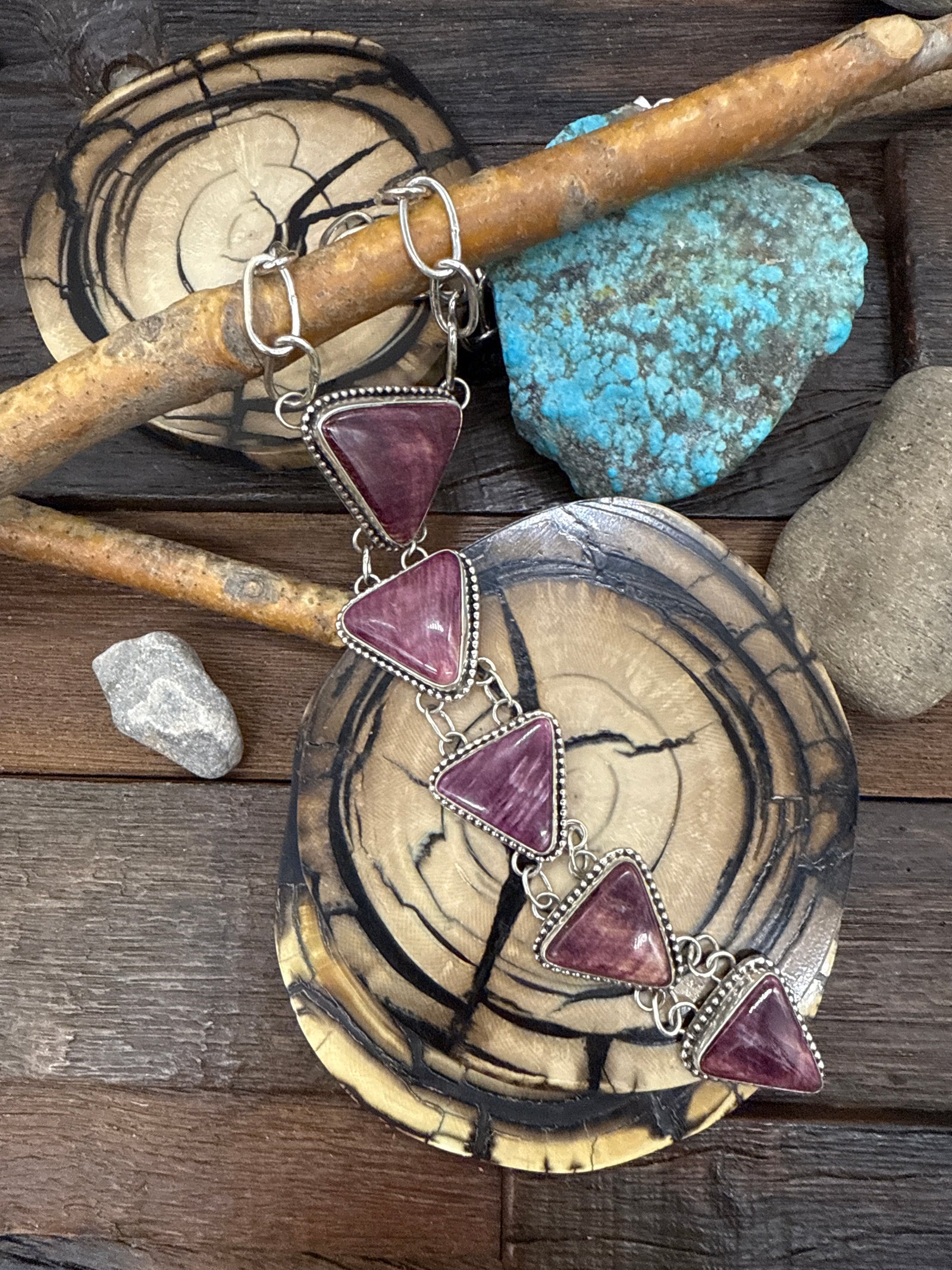 Purple Spiny Oyster Triangle Sterling Silver 16in Necklace Lariat by Rosella Paxton