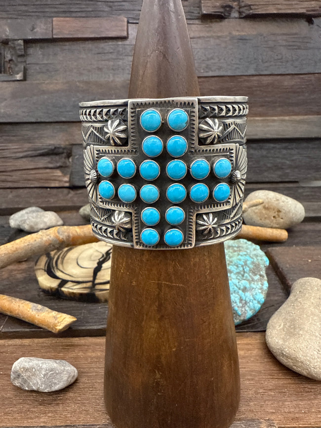Stamped Sterling Silver Blue Turquoise Santa Fe Cross Cuff by Sunshine Reeves - 6 1/2 in.