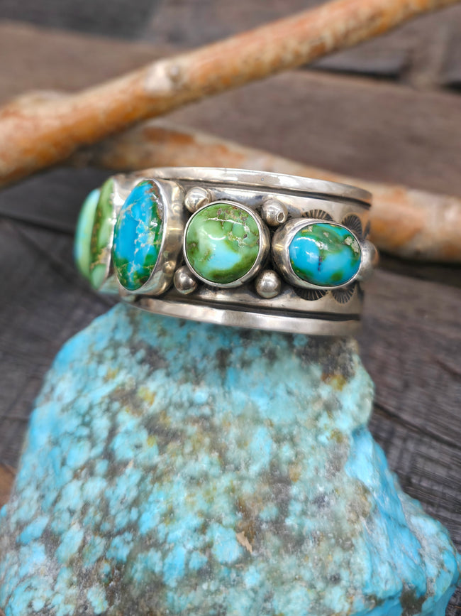 Sonoran Gold Turquoise 7 Stone Sterling Silver Cuff Bracelet by Albert Jake - 6 1/2in w/gap