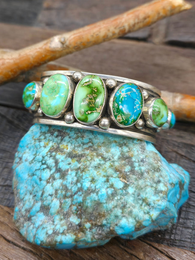 Sonoran Gold Turquoise 7 Stone Sterling Silver Cuff Bracelet by Albert Jake - 6 1/2in w/gap