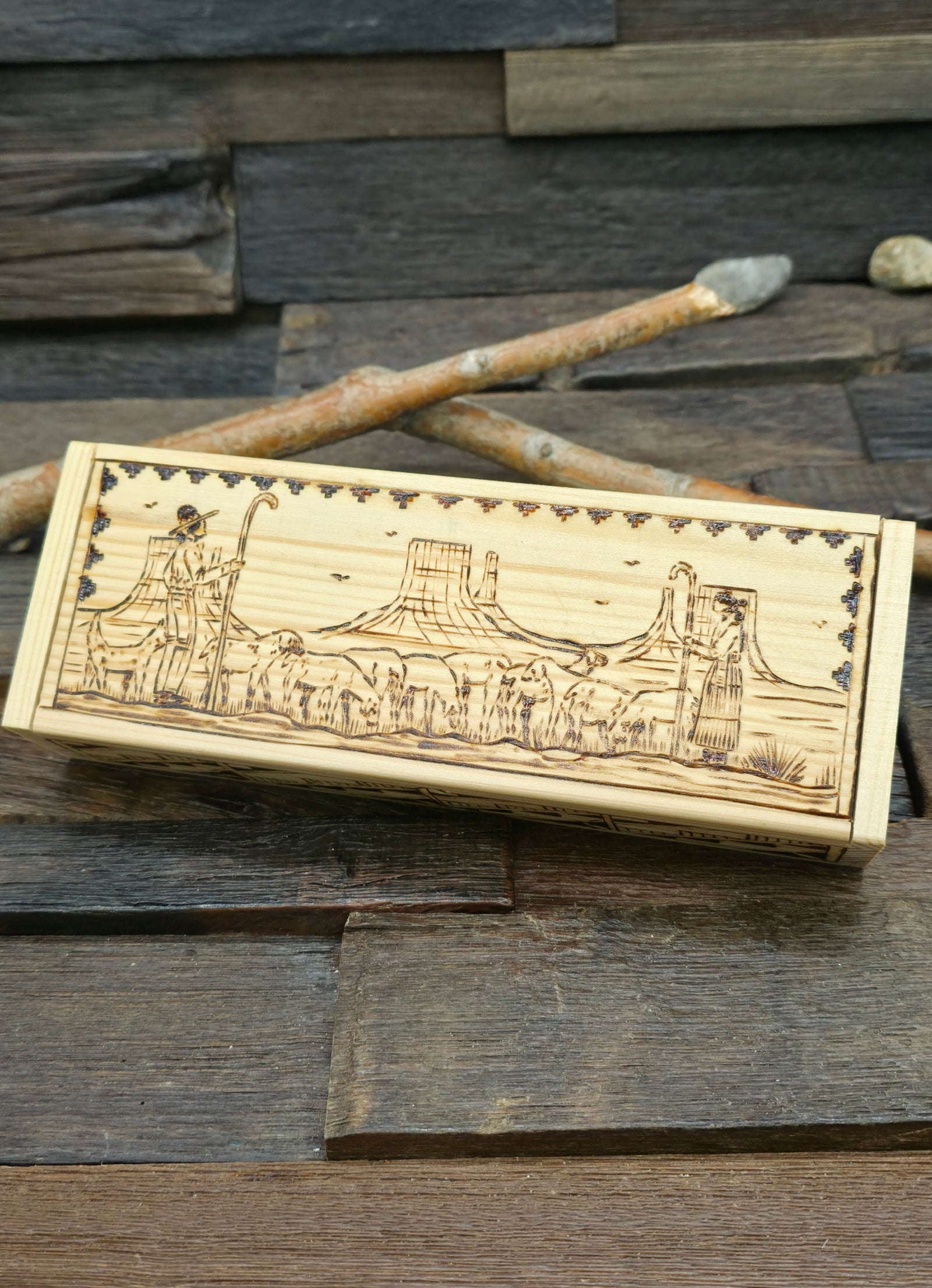Woodburned Trinket Box by Andy Tsosie - 8 in. by 1 1/2 in. by 3 in.