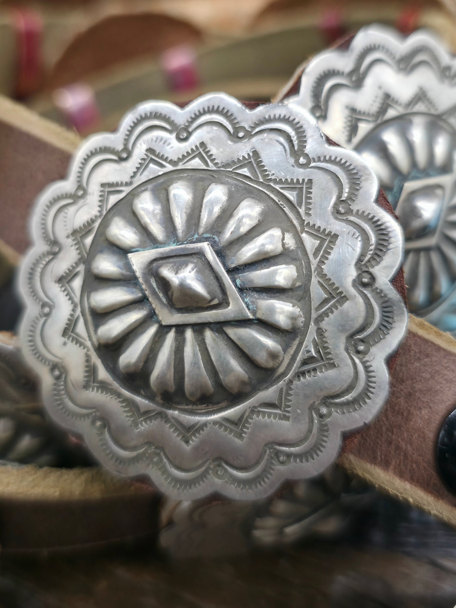 Stamped Sterling Silver Concho Belt by Marilyn Ramone - 45 in.