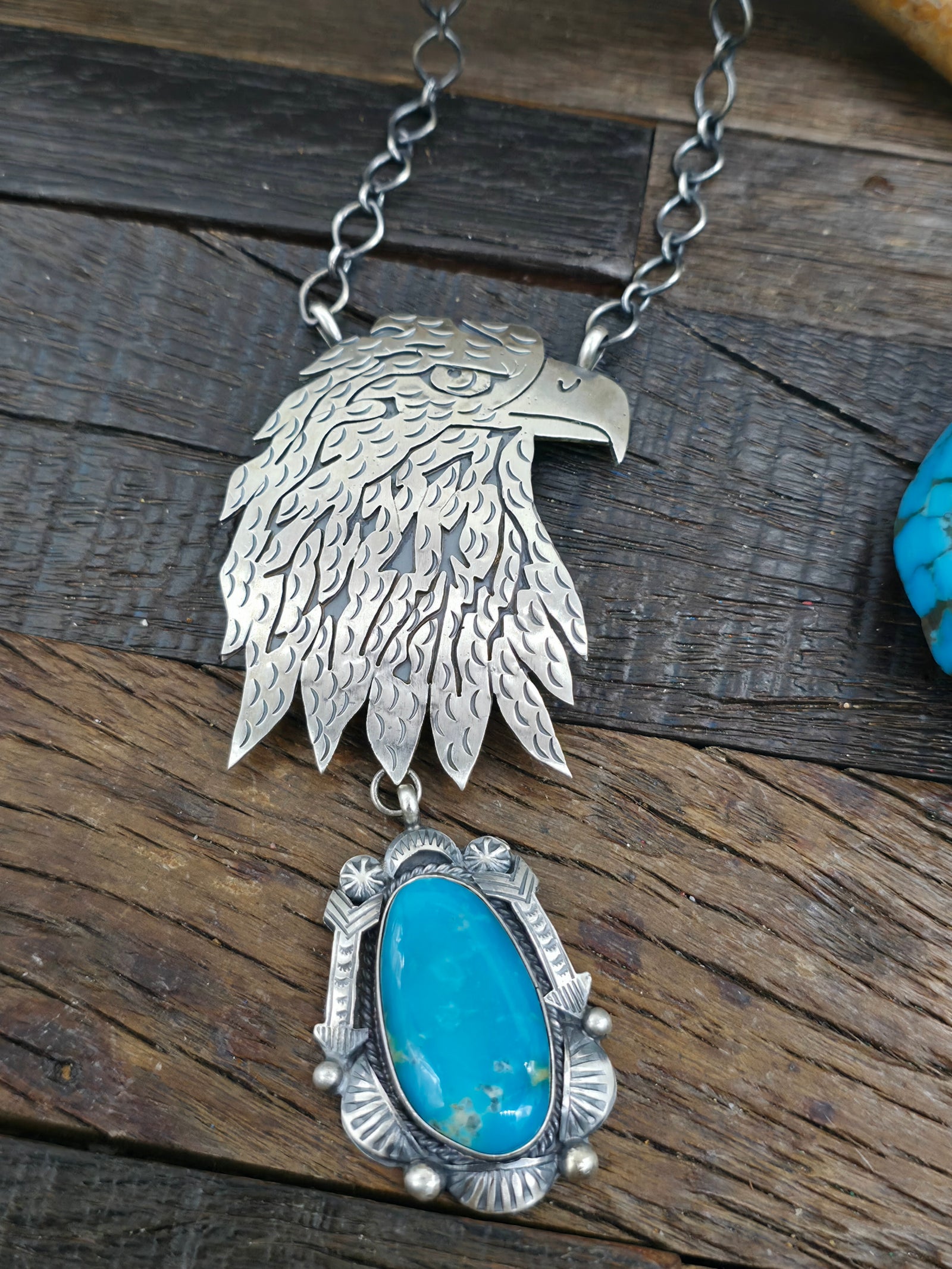 Sterling Silver Overlay Eagle Lariat Necklace with Kingman Turquoise Dangle- 20 in.